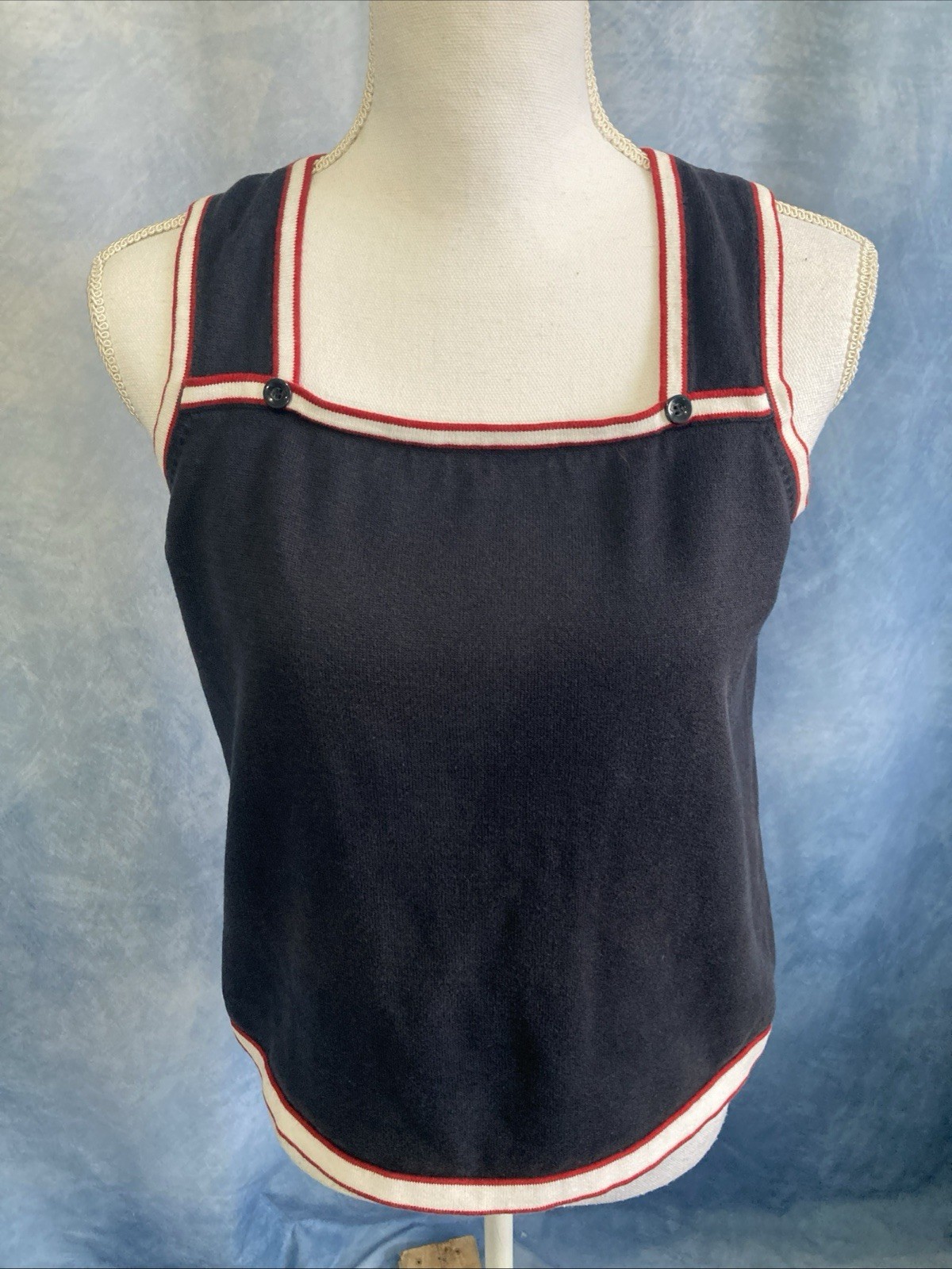 Vtg Christopher & Banks Navy Knit Tank Top M Y2K Coastal Preppy Nautical Stripe