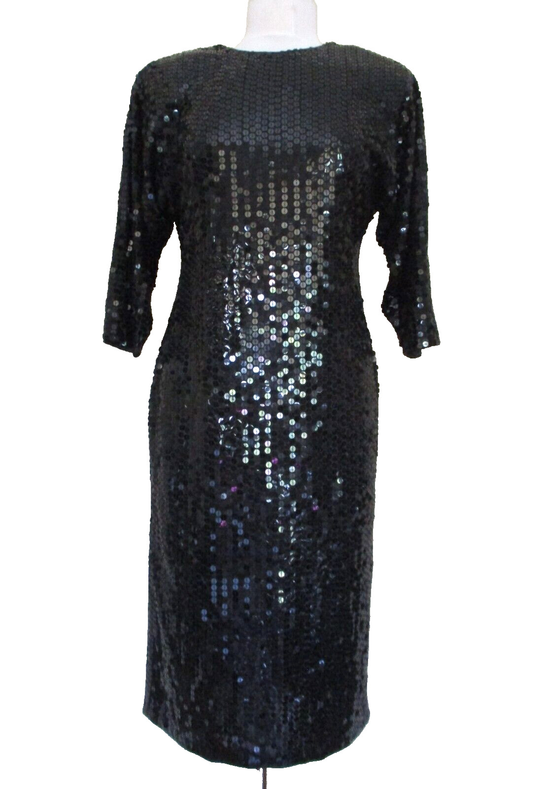 Vintage 80s Para Sequin Dress Medium Women Black Dolman Sleeve Midi Open Back