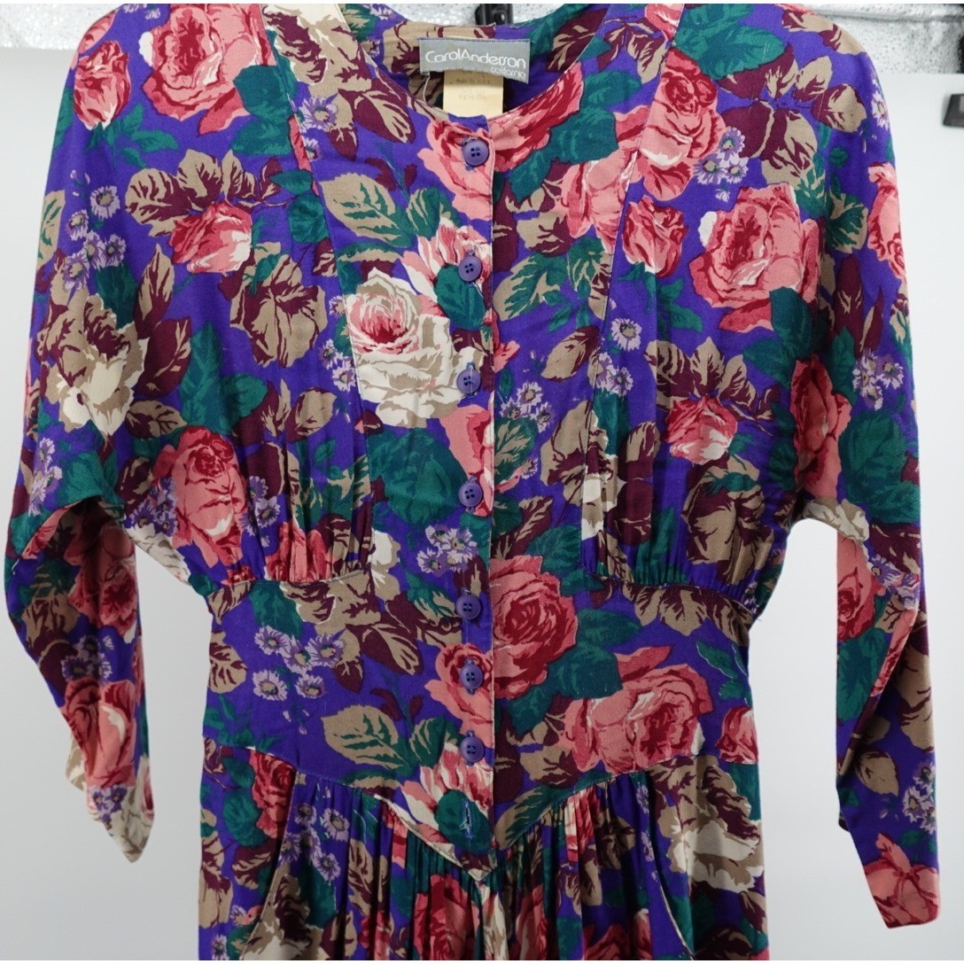 Carol Anderson Vintage Purple Floral Midi Dress Button Front Pockets 80s USA