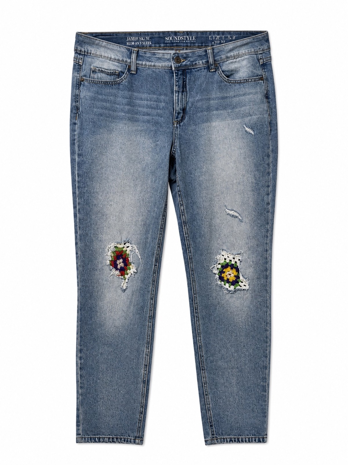 SoundStyle Women’s Distressed Jeans Crochet Patch Slim Blue Denim 14