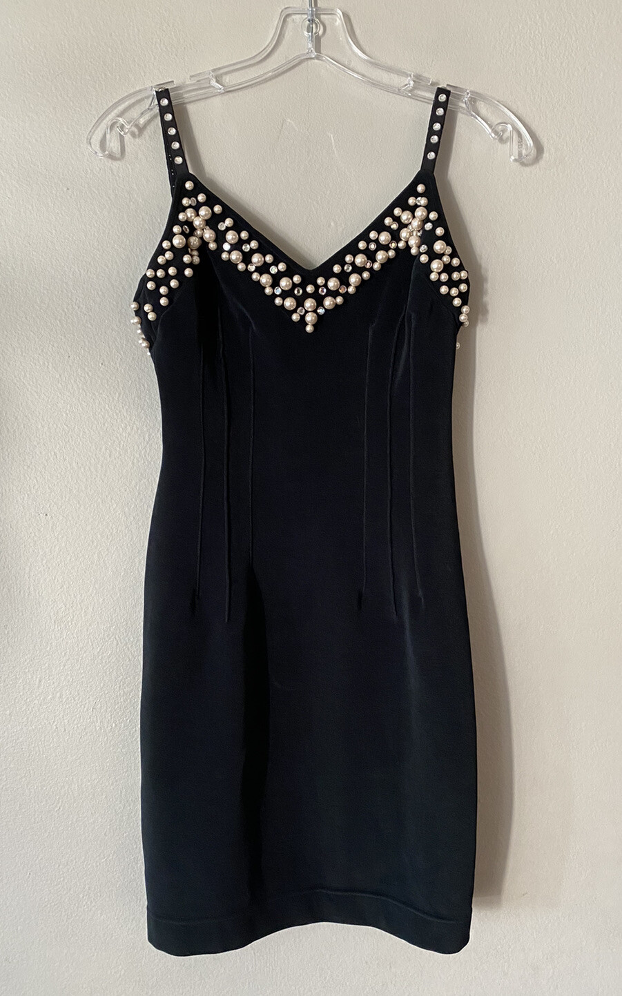 Vintage Unbranded Black Dress Fitted Embellished Pearl VTG 90s Model Sexy Glam