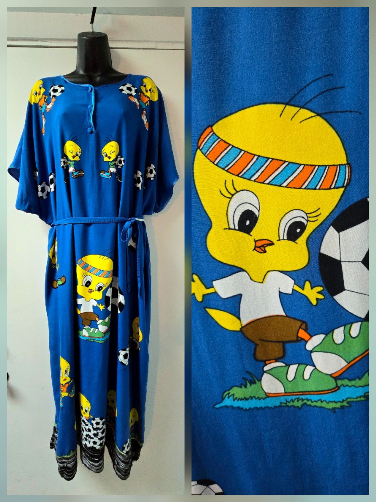 Tweety Bird Soccer Batik Caftan Vintage 90s Dress Looney Tunes Blue Indonesia XL