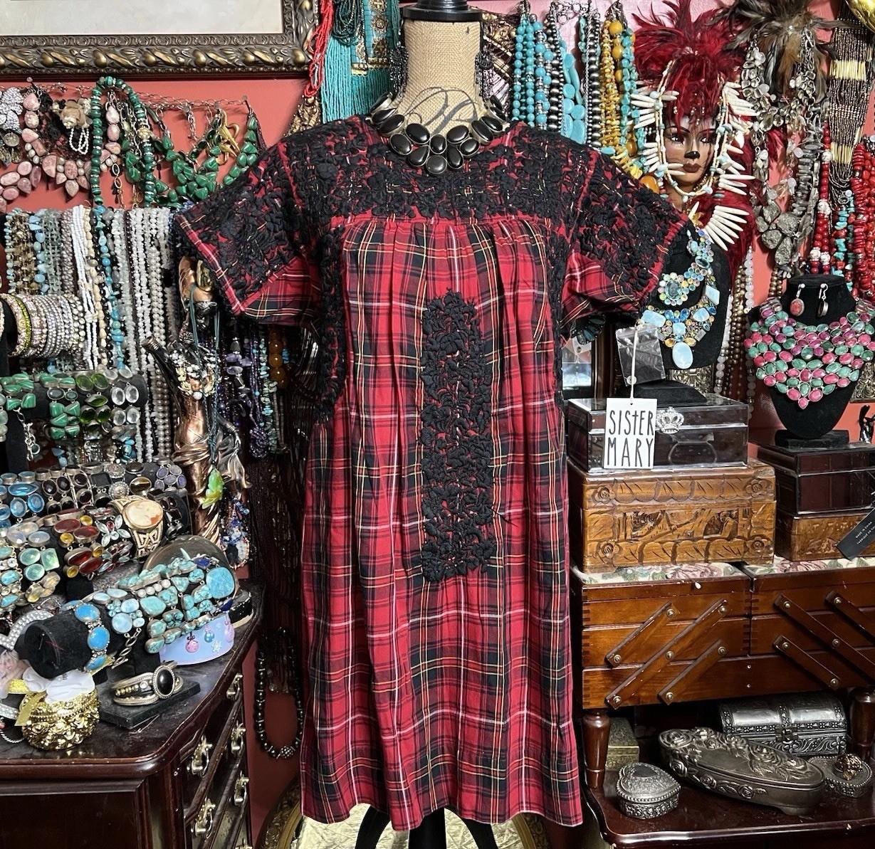 Beautiful Sister Mary Oaxaca Red & Black Plaid Black Embroidery & Crochet ML