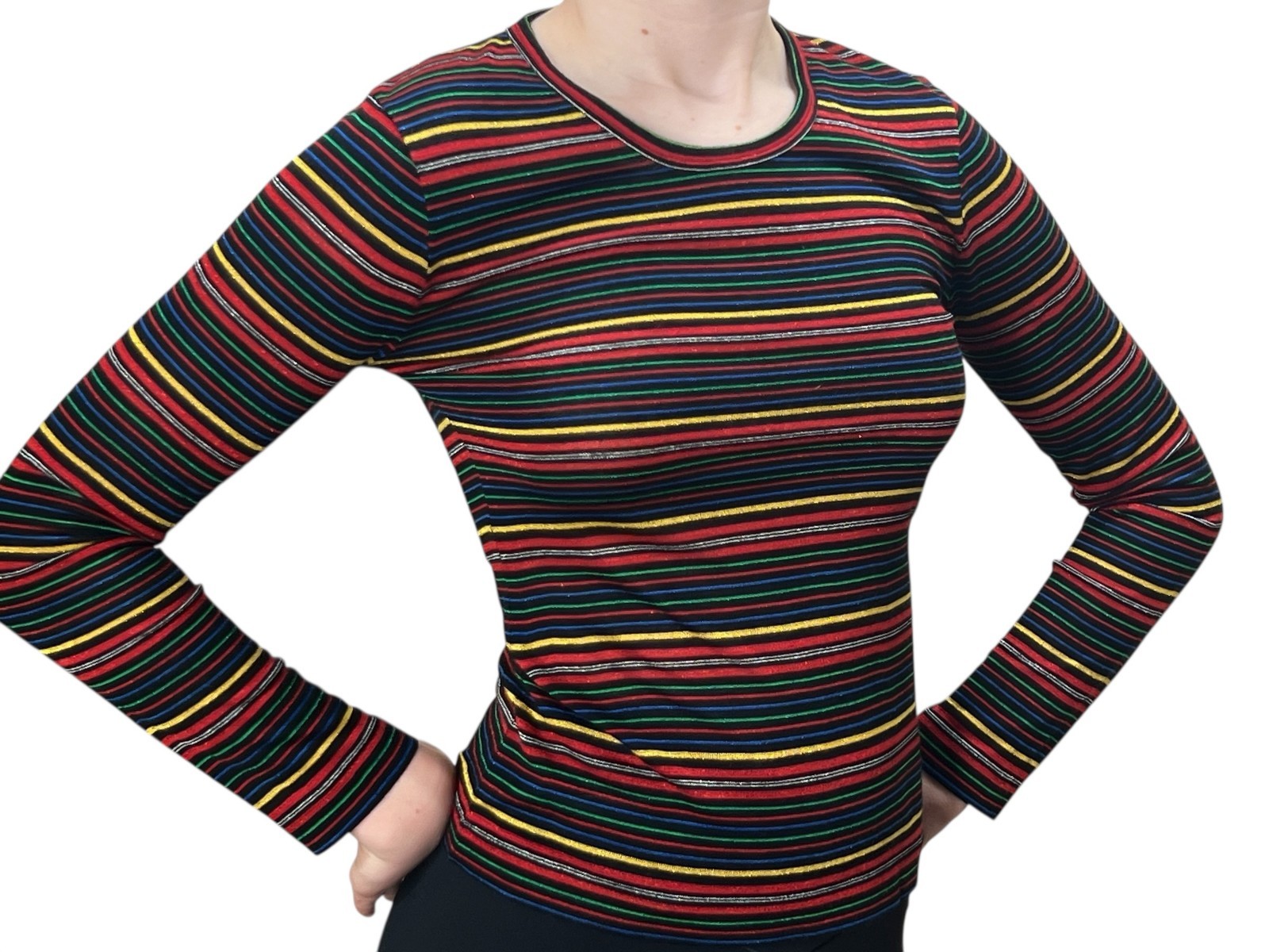 Vtg 70s Sz XS~S LUREX TOP Striped Metallic Pullover Shirt Genesis Hong Kong