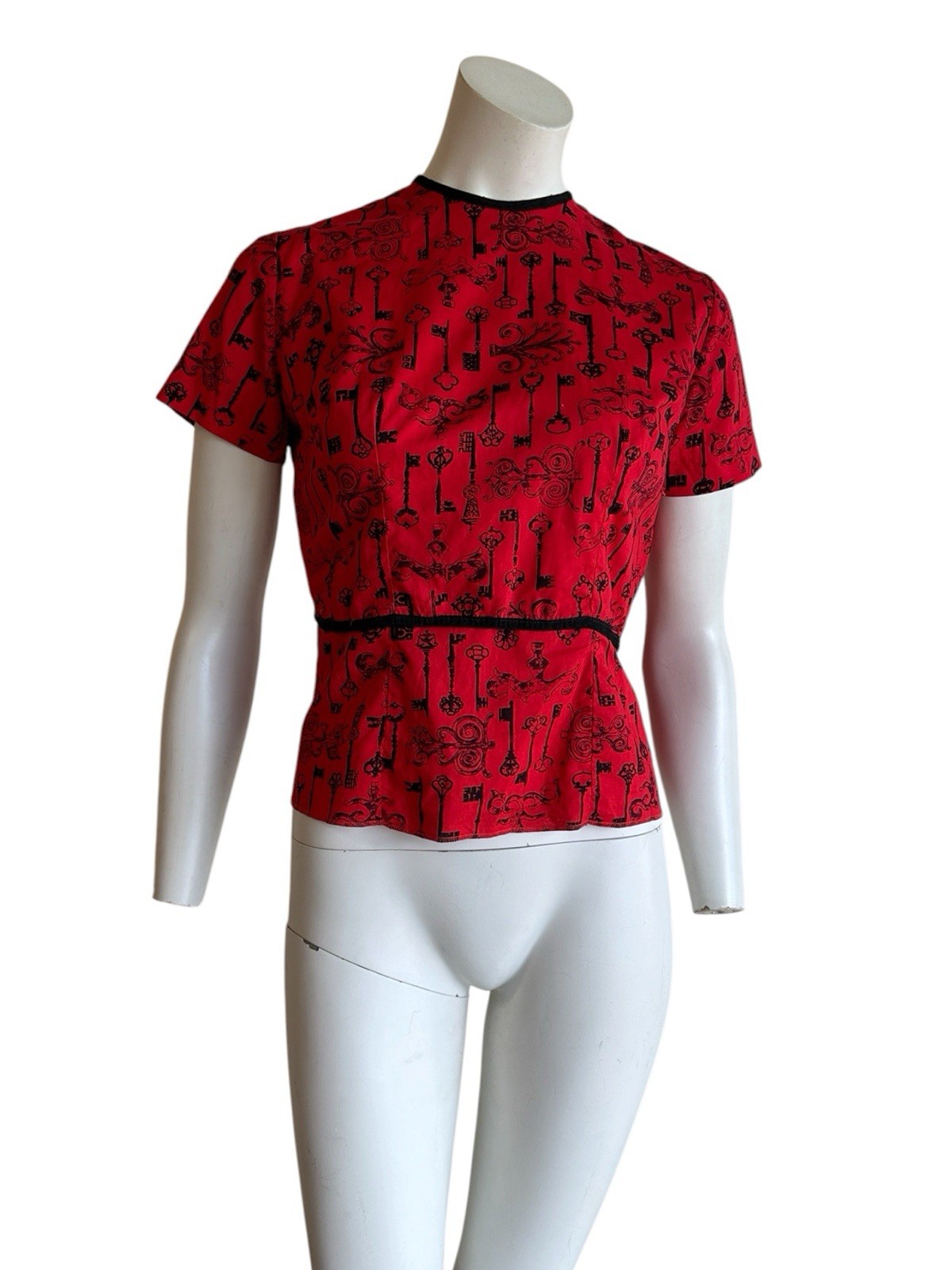 Vintage 1950s 1960s Key Printed Cotton Top Rockabilly Pinup