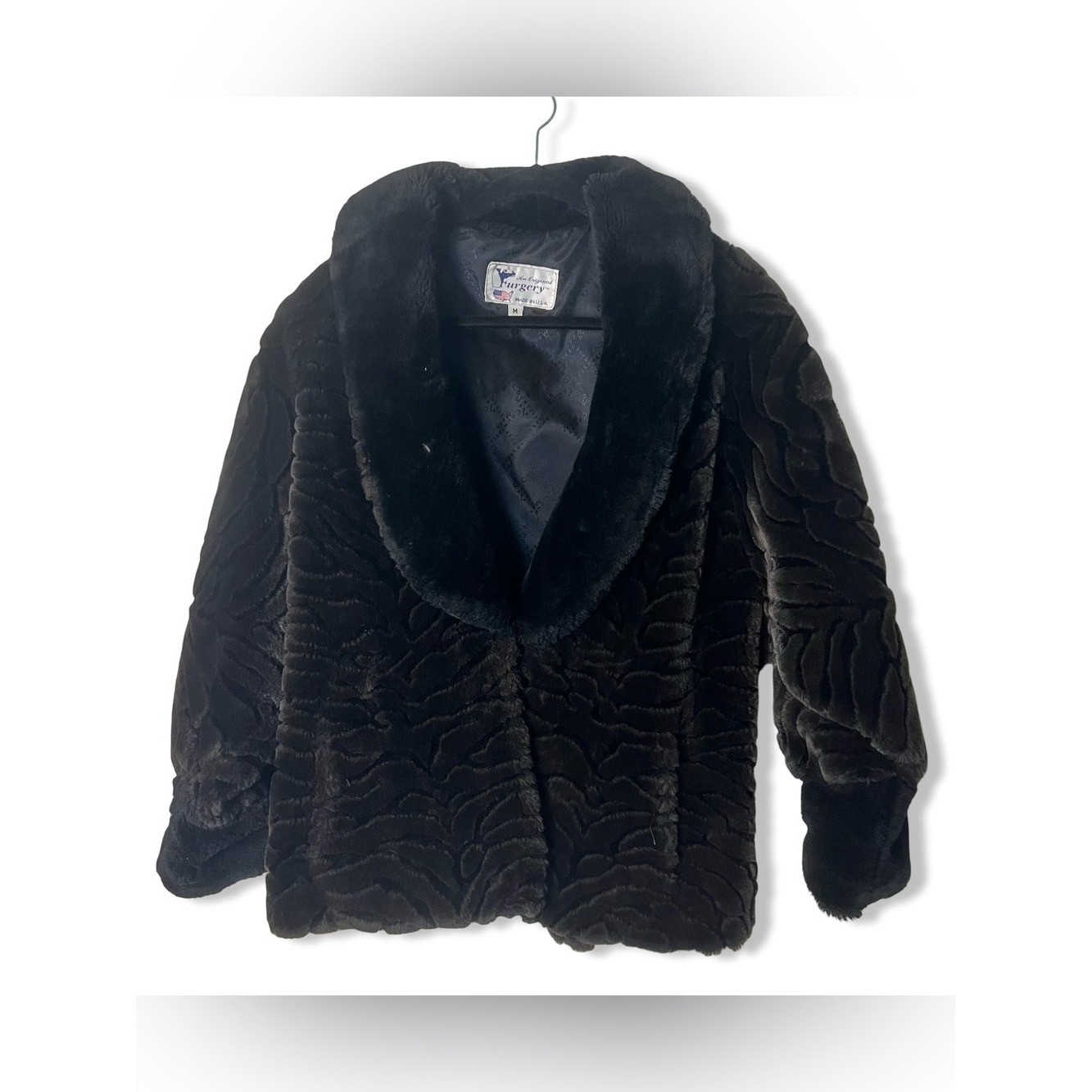 Vintage The Original Furgery Black Faux Fur Shawl Collar Jacket Sz. M