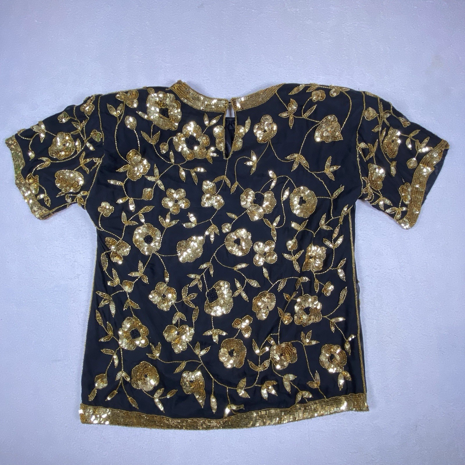 Vintage Leslie Fay Evenings Women’s L Black Gold Sequin Beaded Blouse Top