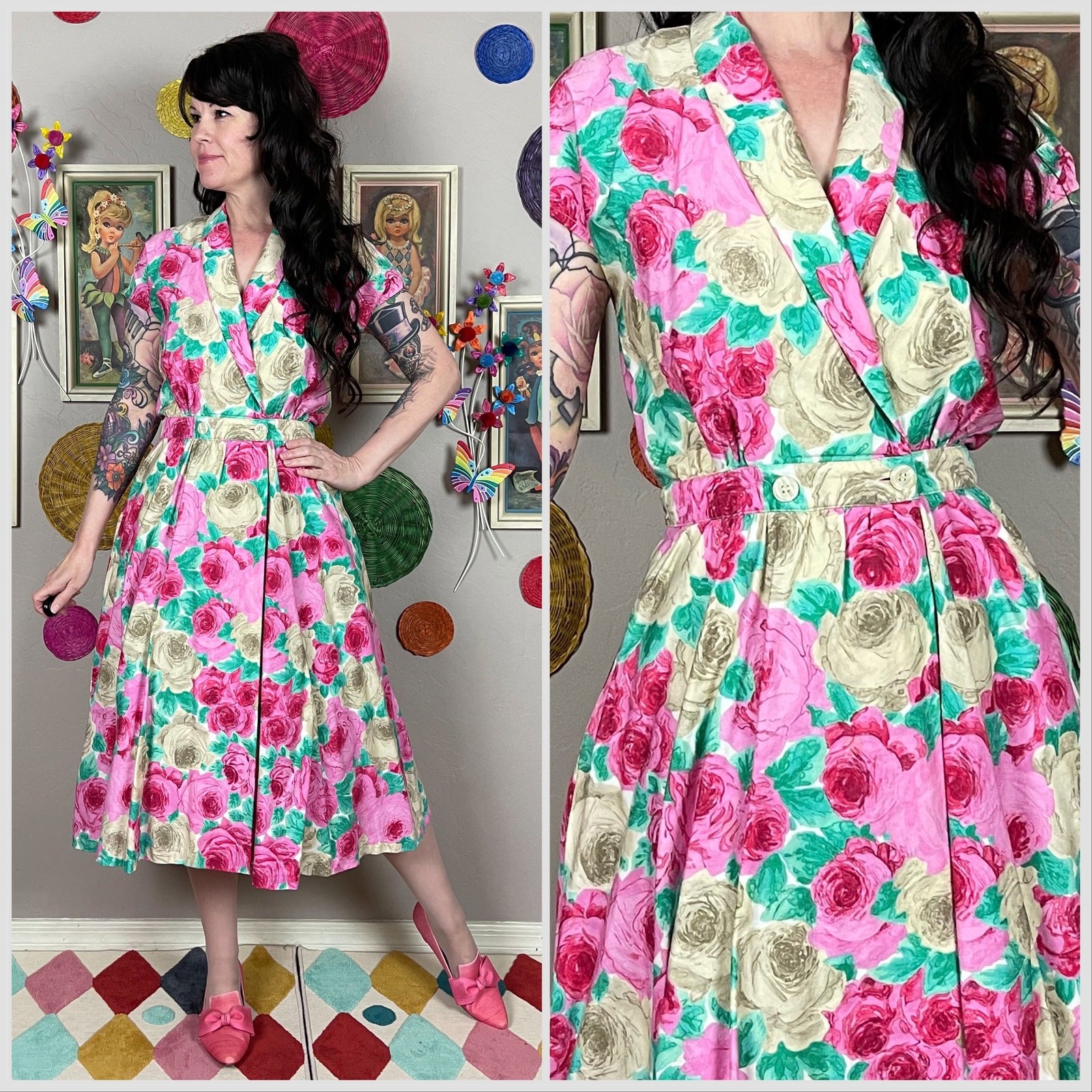 Vintage 1970s Pink and Cream Floral Short Sleeve Wrap Dress | 27″- 28″ Waist