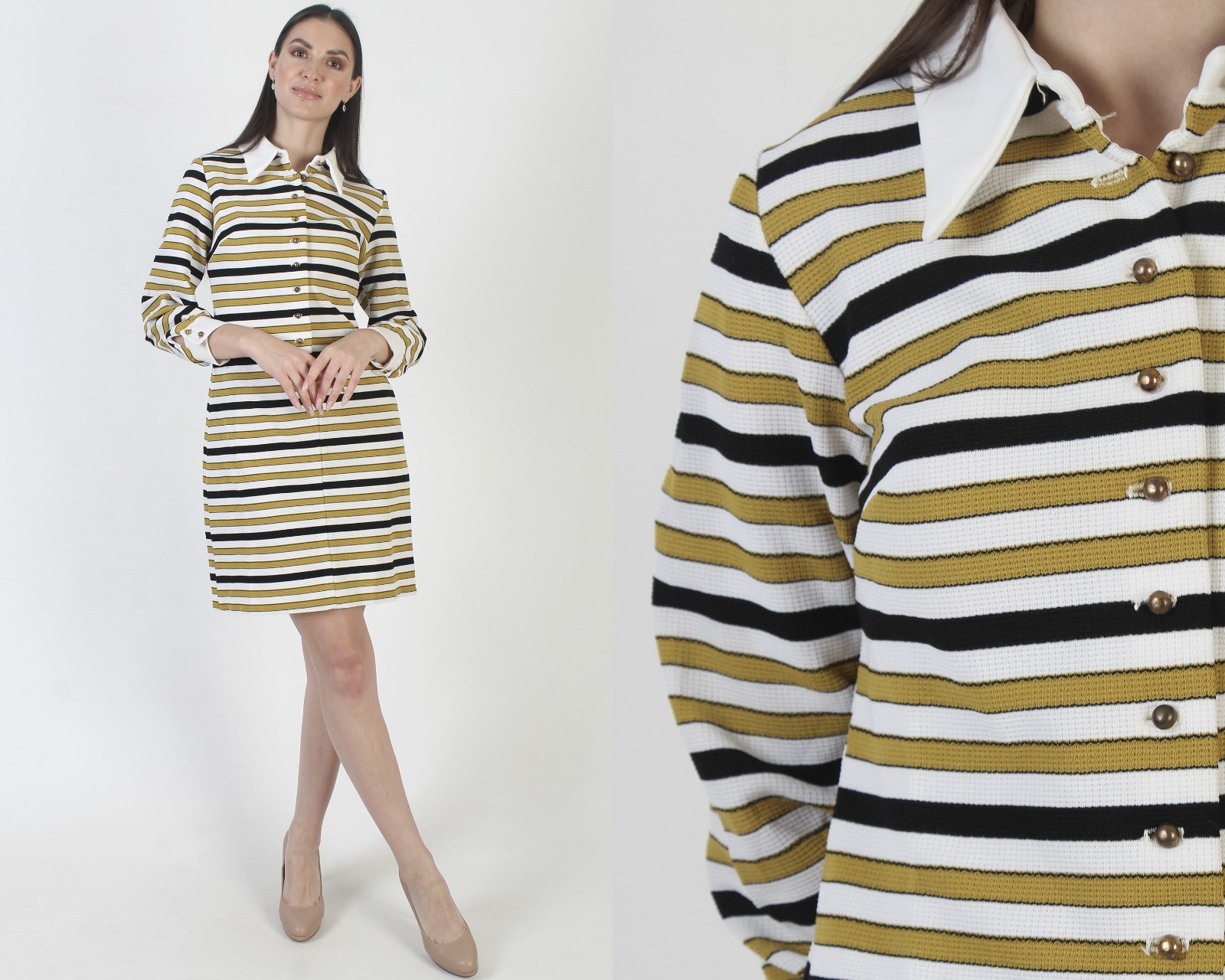 Vtg 60s Dagger Collar Dress White Button Up Mod Scooter Horizontal Stripe Mini