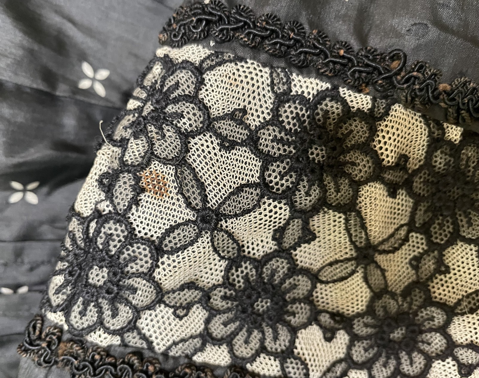 Antique Victorian Black Silk Top Blouse S Bodice Bishop Sleeves Lace Trim Peplum