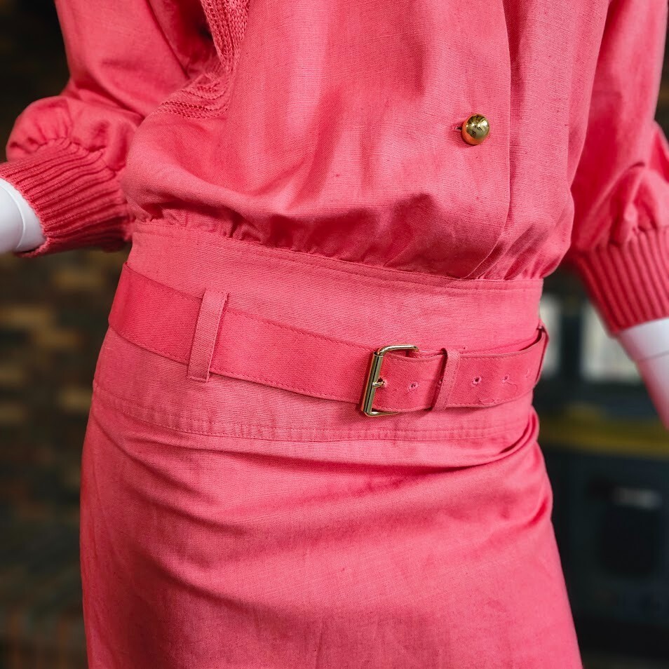 Vtg 80s Lillie Rubin Monochrome Salmon Blouson Pencil Uptown Linen Party Dress S