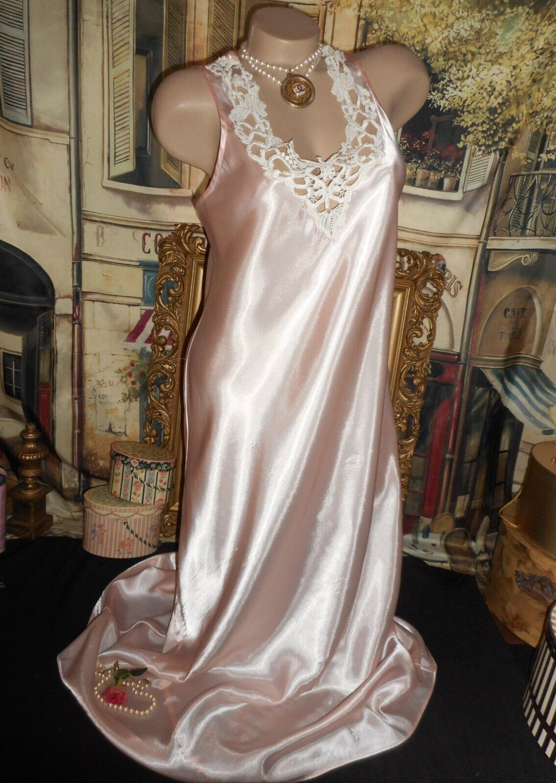 Glossy Satin Long Nightgown Boudoir Pink Bed Jacket Blouse Bias Cut Medium