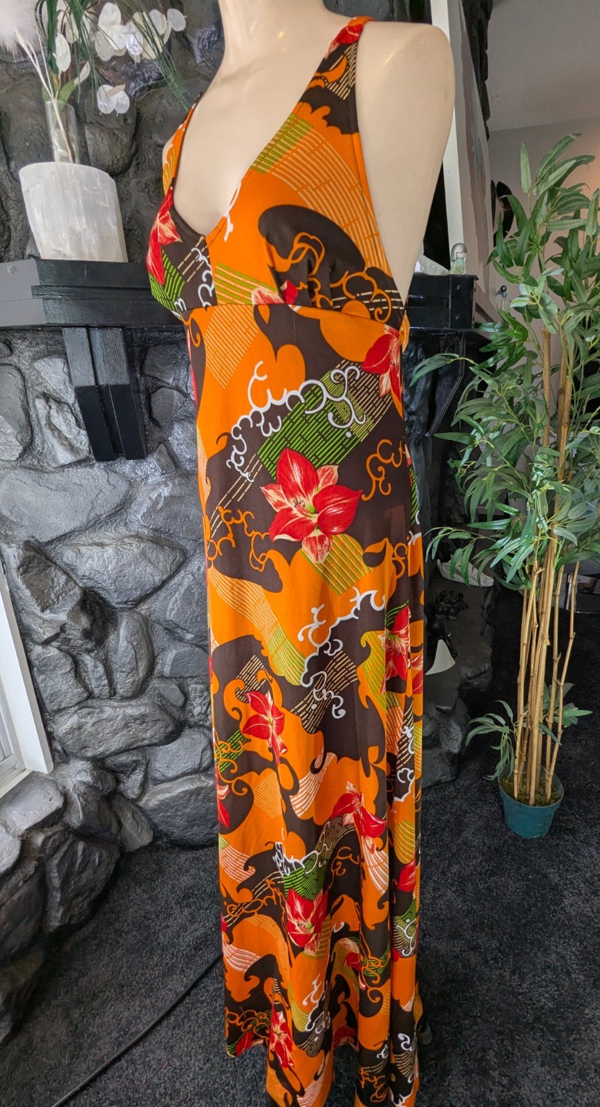 Vintage 1970s Jonathan Logan Halter Maxi Dress Hawaiian Floral Poly Knit Size XS