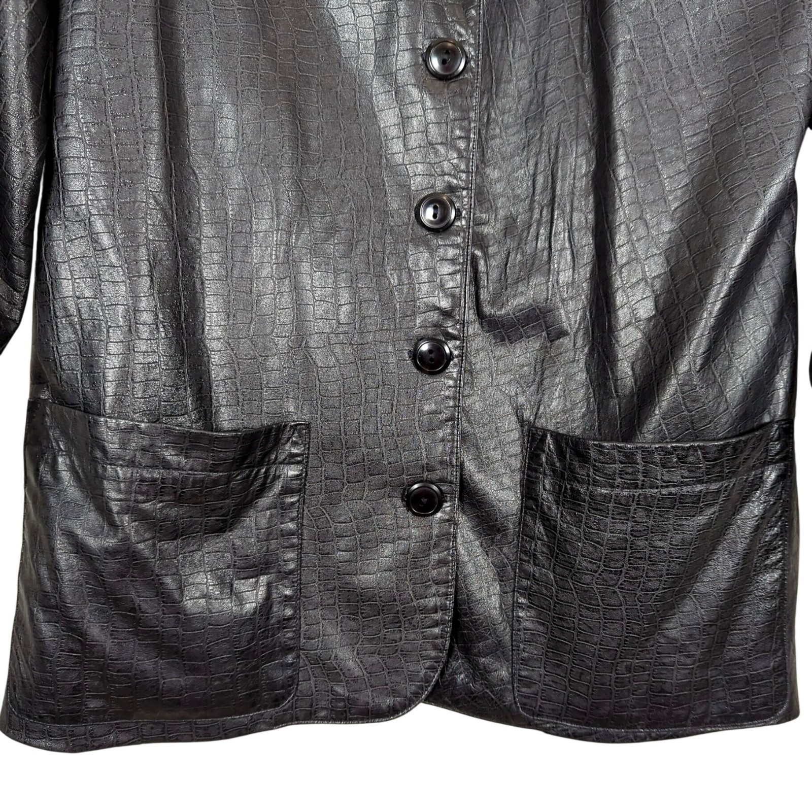 Vintage Vakko Leather Black Jacket Size M Croc Embossed USA Made Button Front