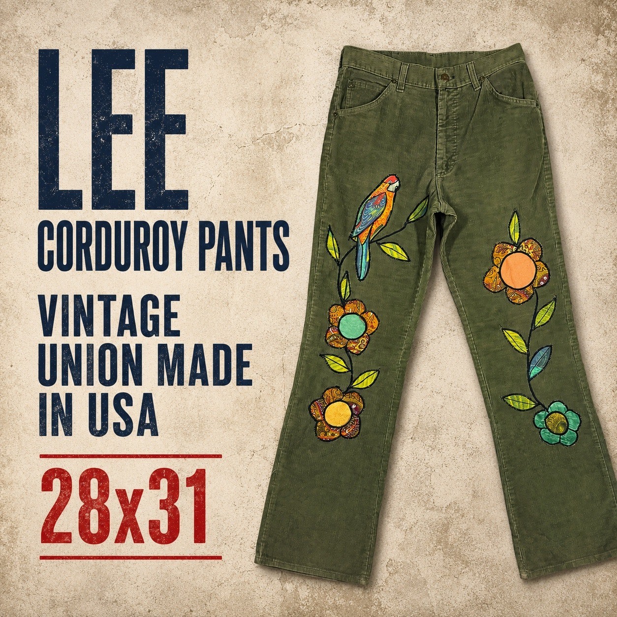 Vintage Lee Corduroy Pants 28×31 Green Boho Patchwork Floral Parrot Union Made