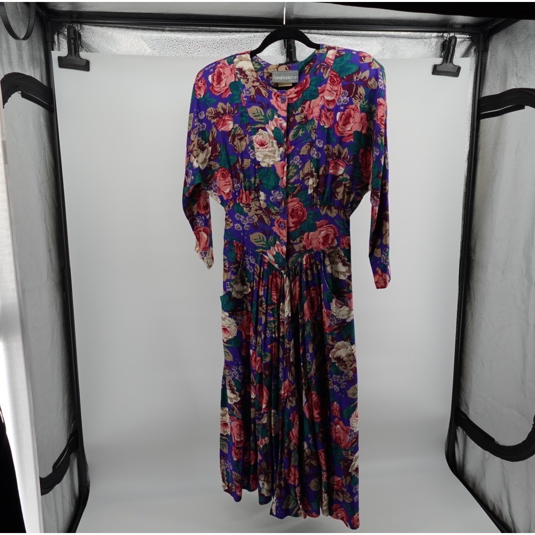 Carol Anderson Vintage Purple Floral Midi Dress Button Front Pockets 80s USA