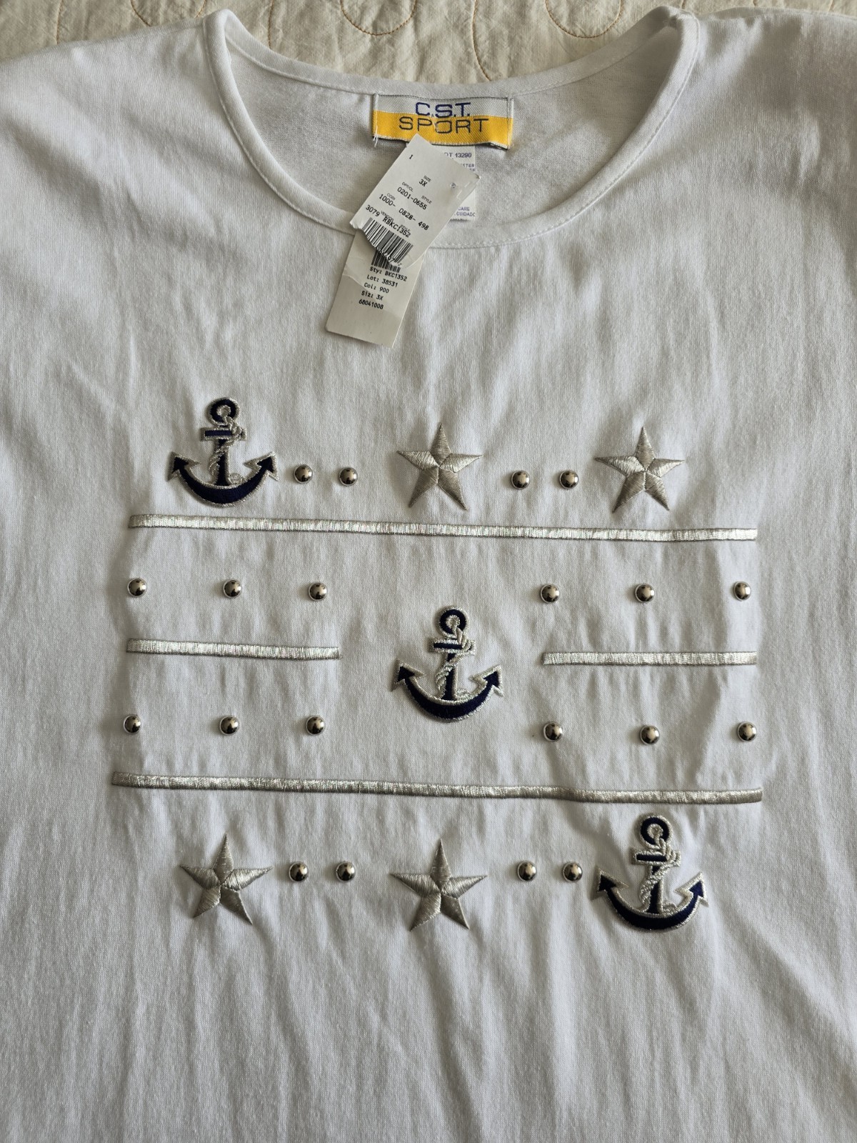 Vintage Nautical 3X T-shirt NOS Anchor C.S.T. Sport Womens White Blouse 80s 90s