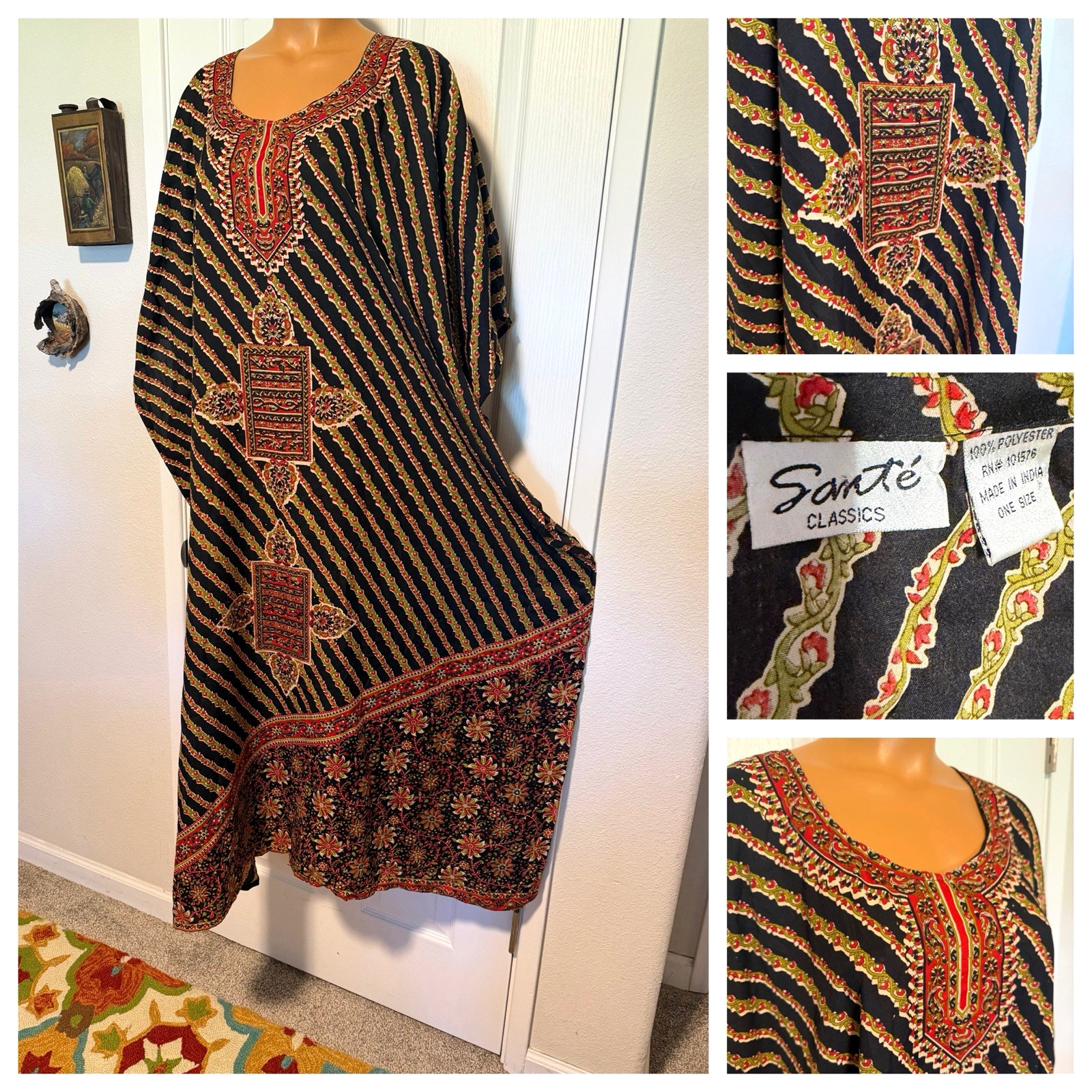 VTG SANTE’ BOHEMIAN PRINT W/ FAUX BEADING CAFTAN LOUNGER DRESS – ONE SIZE