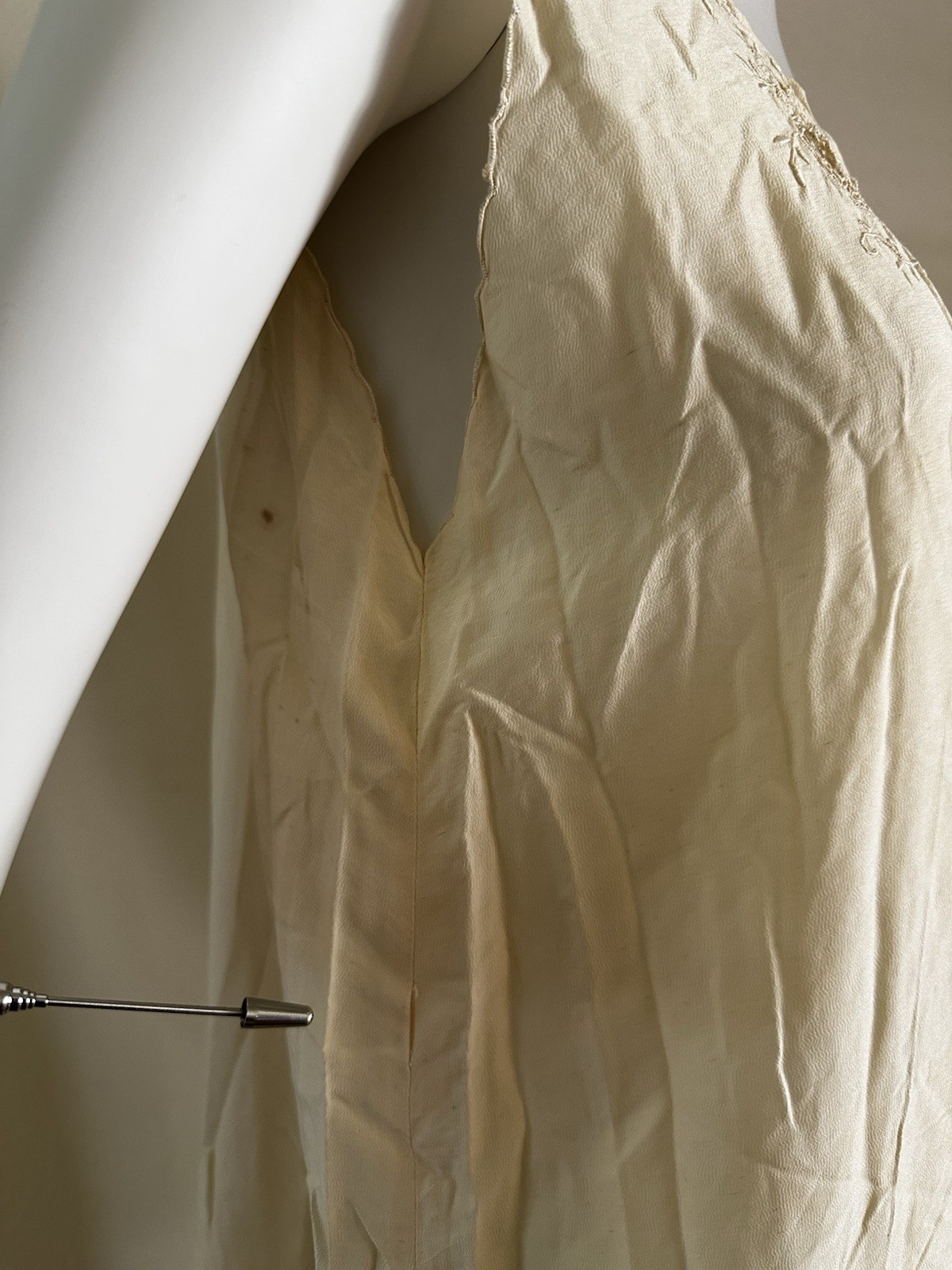 1930s Ivory Rayon Crepe Slip Dress AS-IS Filet Lace Embroidered Pocket DAMAGED