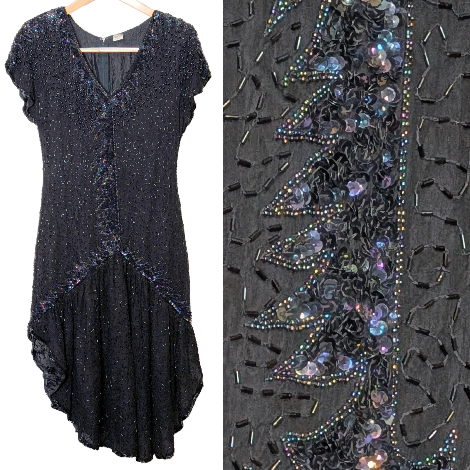 Vtg 80’s Black Flapper Drop Waist Silk Beaded Sequin Cocktail Formal Dress LBD M