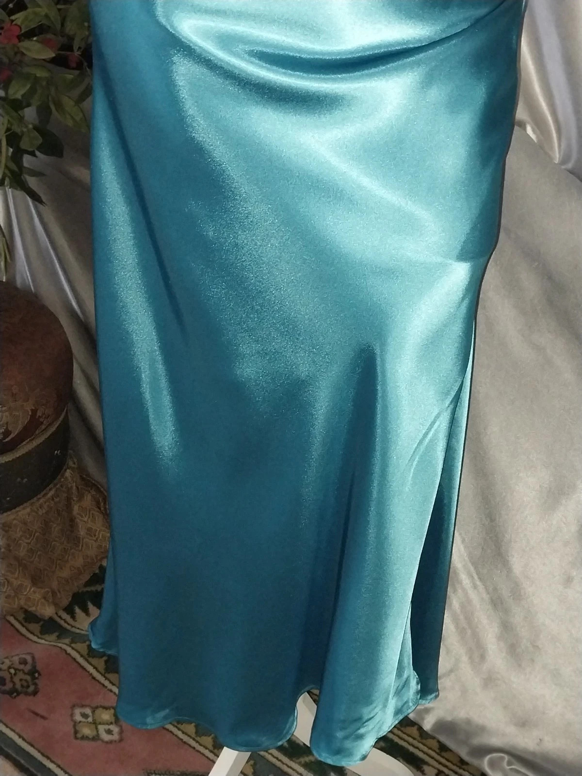 VTG SATIN SHINY BOMBSHELL LIQUID LACE UP RUCHED MAXI GLAM GOWN DRESS TALL S NEW