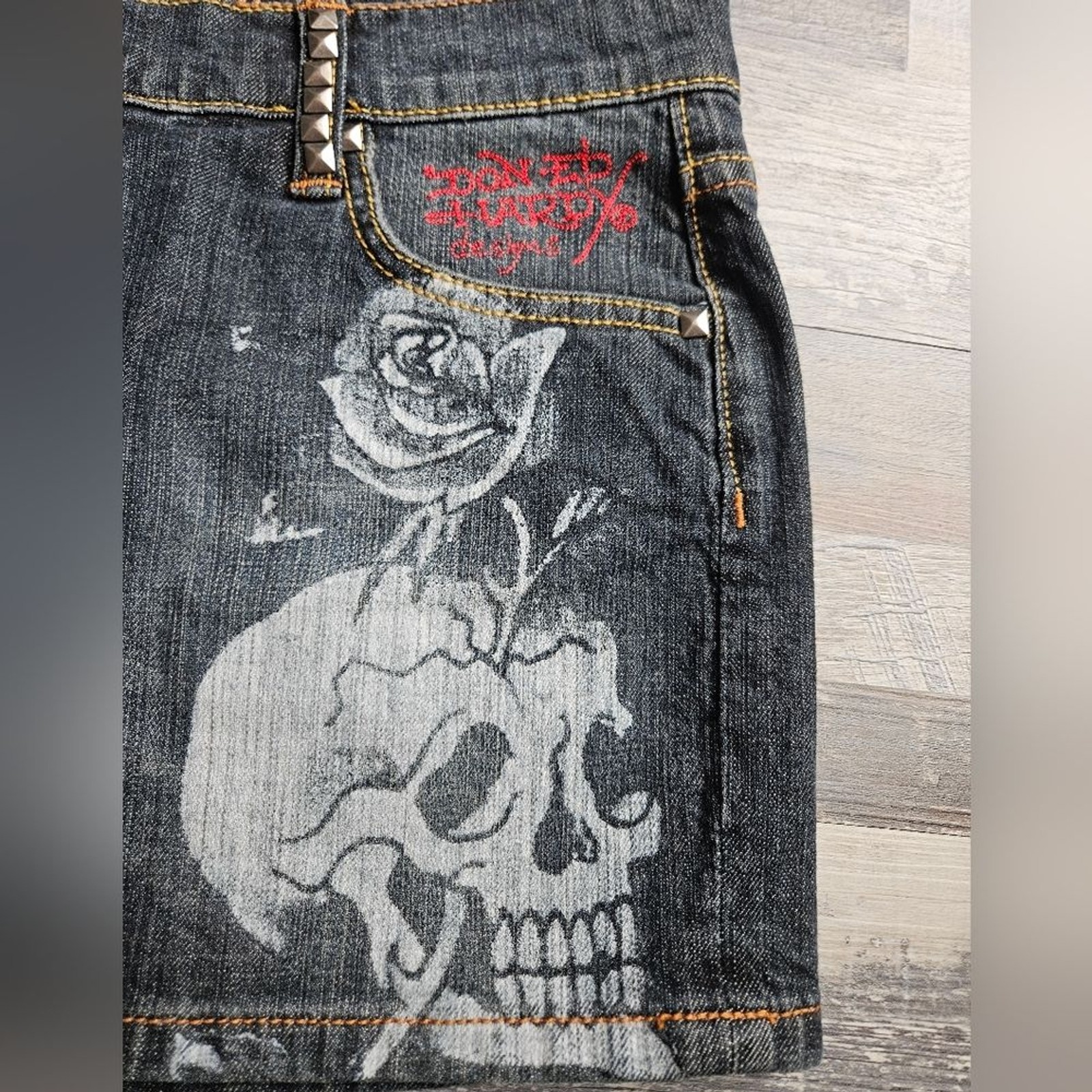 Ed Hardy Y2K 90s Mini Denim Jean Skirt Size 31 Skull Embellish