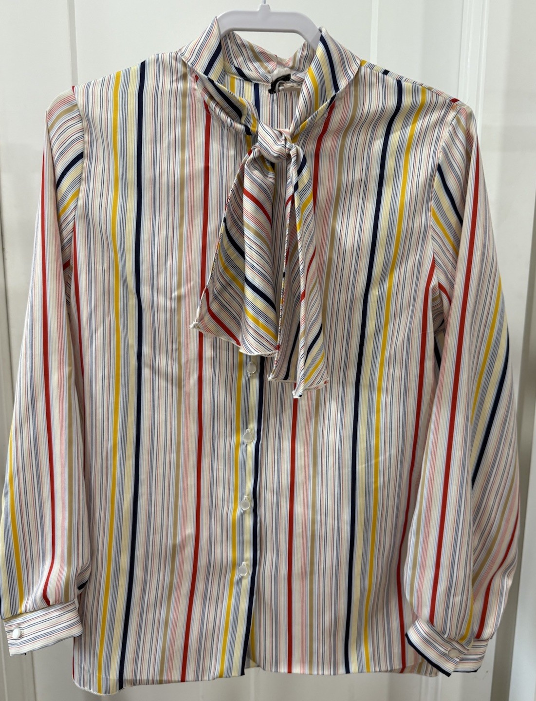 Vtg JUDY BOND Striped Silky Button Up Secretary Blouse Bow Tie Collar Sz 12 18