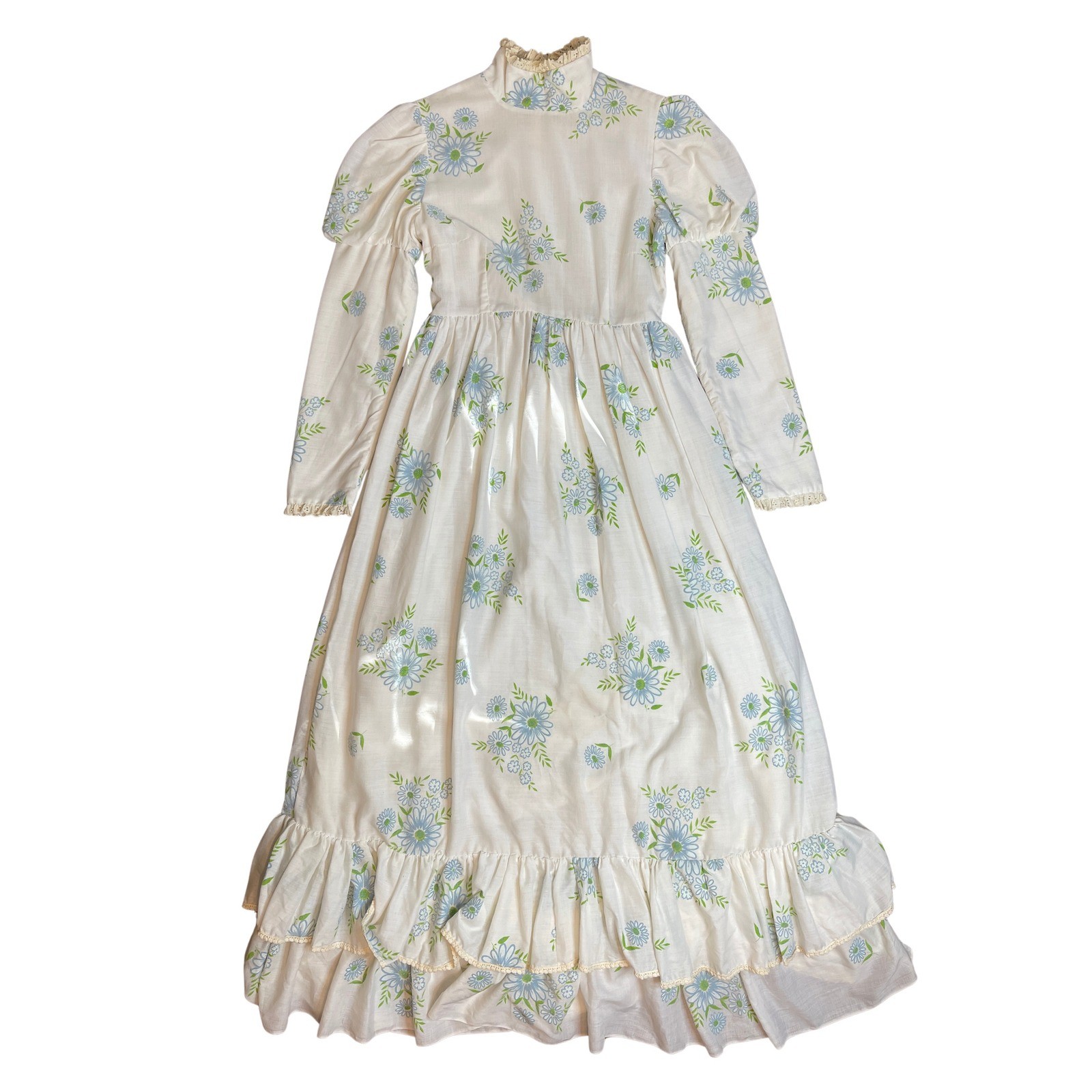 Vintage Prairie Dress White Blue Floral Puff Sleeve Lace Trim Maxi XS