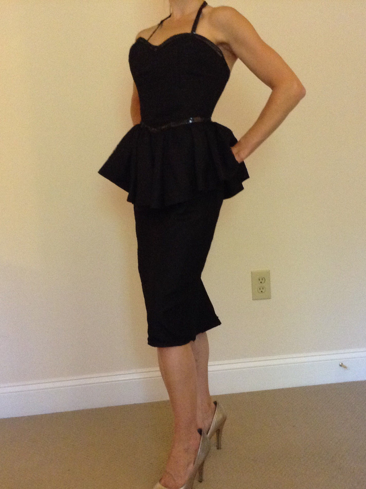 Womens Vintage Black Peplum Dress 10 S or M ? Lace Mesh Ruffle M Stewart Covers