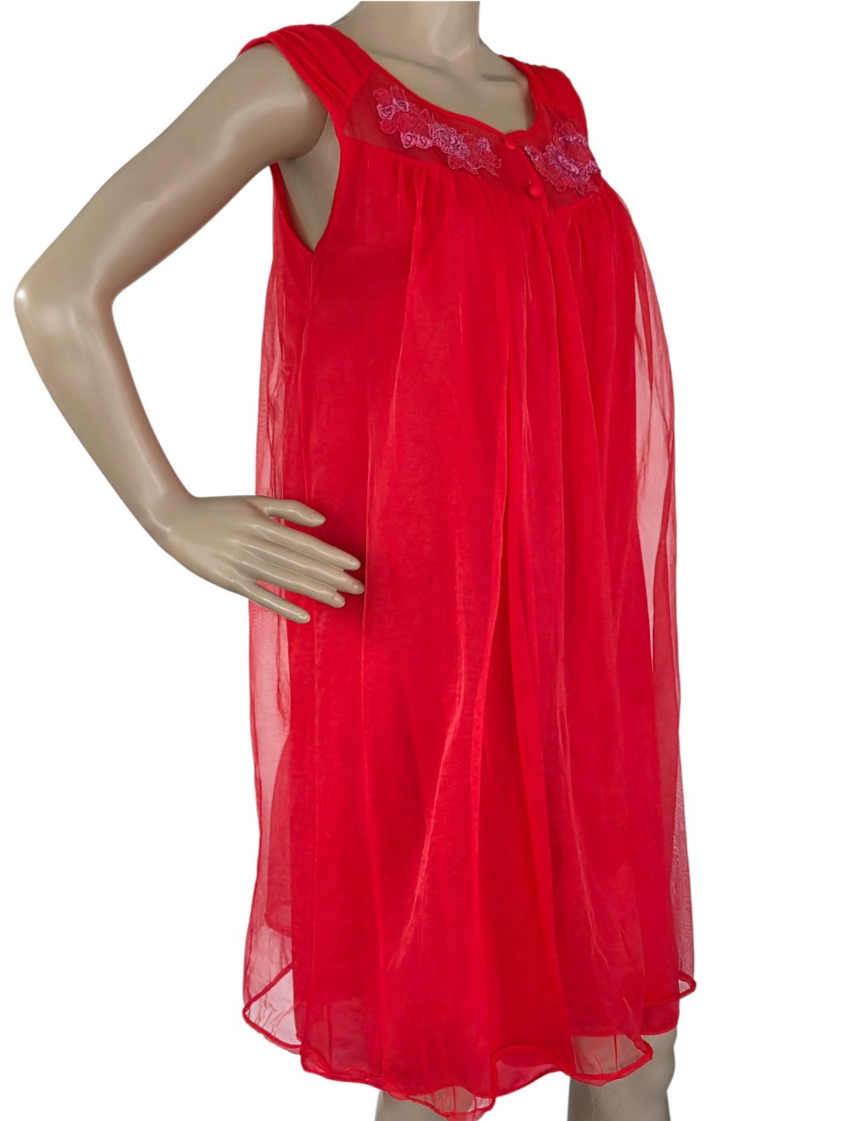 VTG Pandora by Chic Peignoir Negligee Robe & Nightgown Medium Nylon Red 2 Pc Set