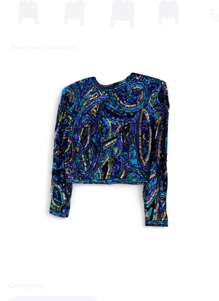 Vintage Niteline Silk Sequin Beaded Jacket S 80s Blue Gold Holiday Party Top