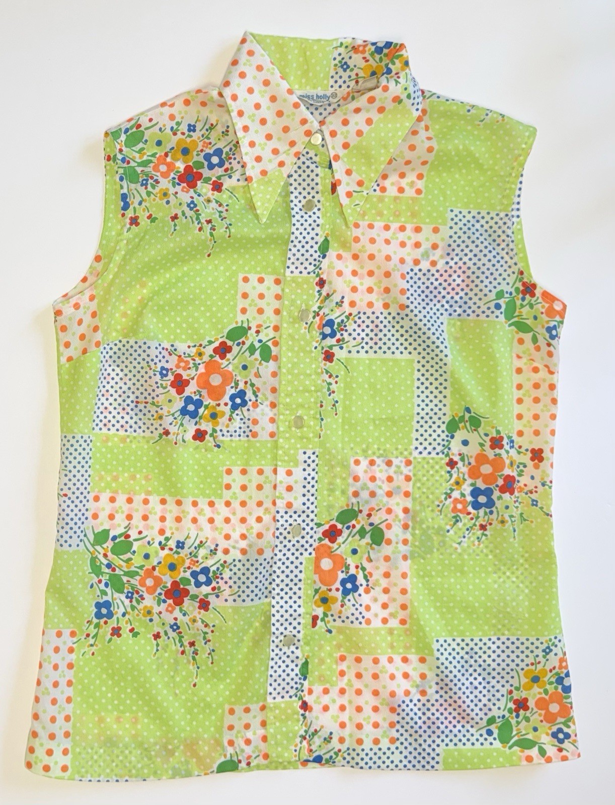 Vintage 60-70s Miss Holly Shirt Top Women’s Sz 32 Sleeveless Funky Retro Floral
