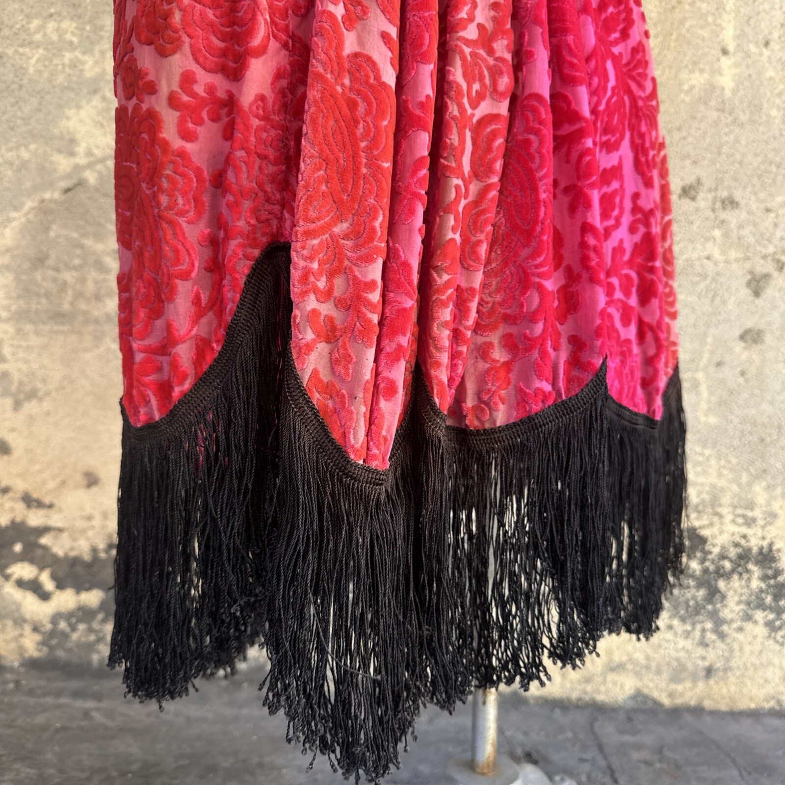 Antique 1920s Robe De Style Stage Dress Pink Devore Velvet Fringe Rhinestone VTG