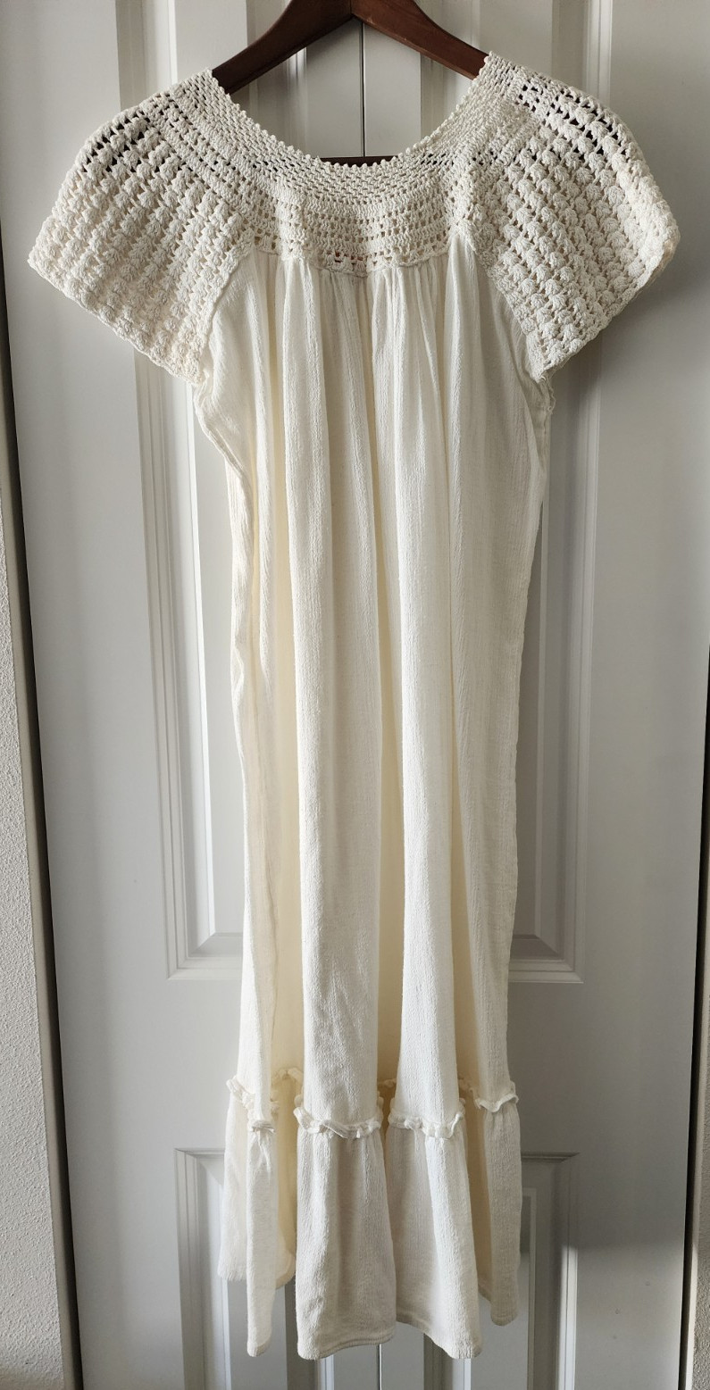 Vintage White Cotton Crochet Peasant Boho Long Dress Slub Fabric Womens Size MED