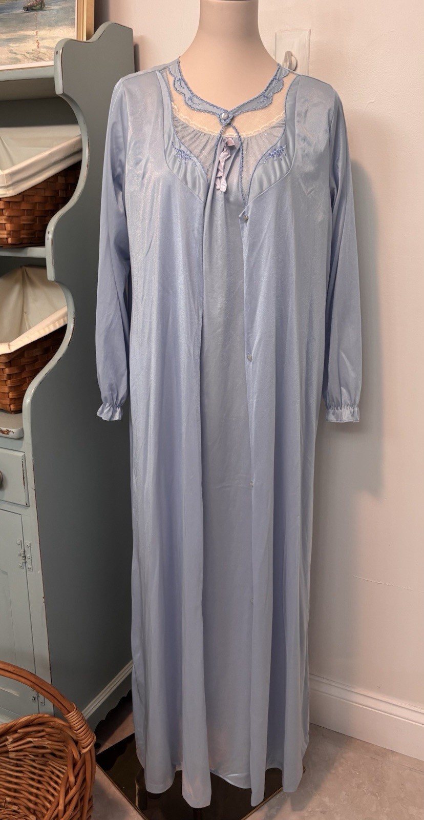 Vintage Blue Peignoir Set Large Sheer Robe & Nightgown Lace Romantic Sleepwear