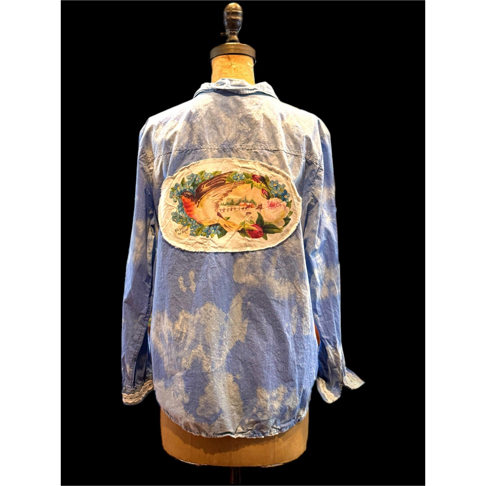 Upcycled Chambray Shirt Bird Patch Cottagecore XL Cotton