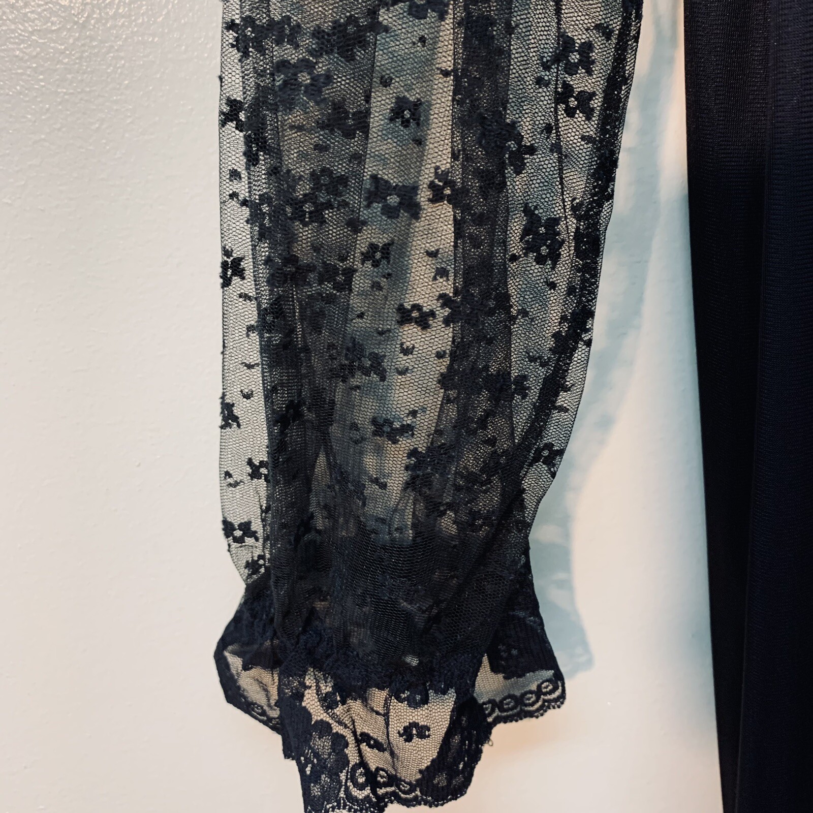 Vintage Black Nylon Sheer Lace Peignoir Robe Nightgown Negligee Long Gown Set M
