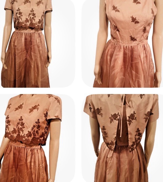 VTG 50s Nina 2pc Copper/Brown Cocktail Dress & Jacket Embroidered Floral Lace M*