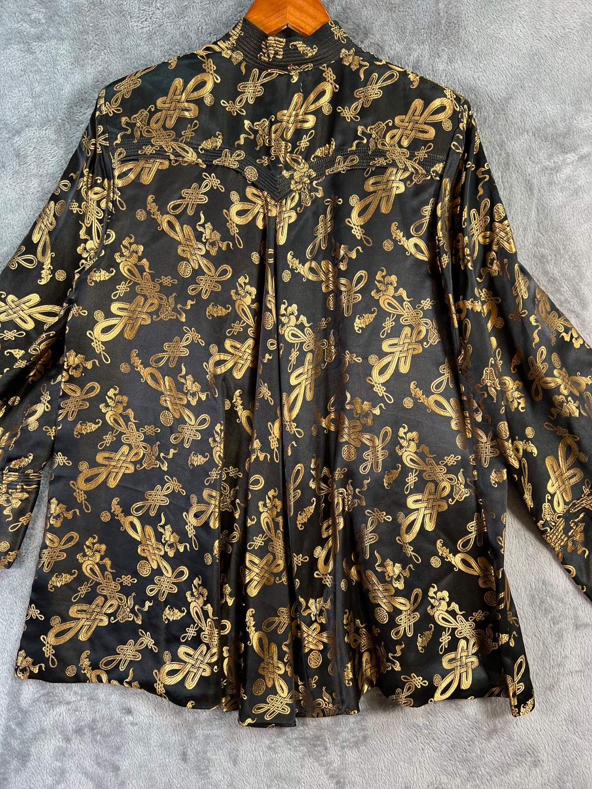 Dynasty Hong Kong Silk Jacket 16 20×28 Black Gold Mandarin Frog Closure Vtg 60s*