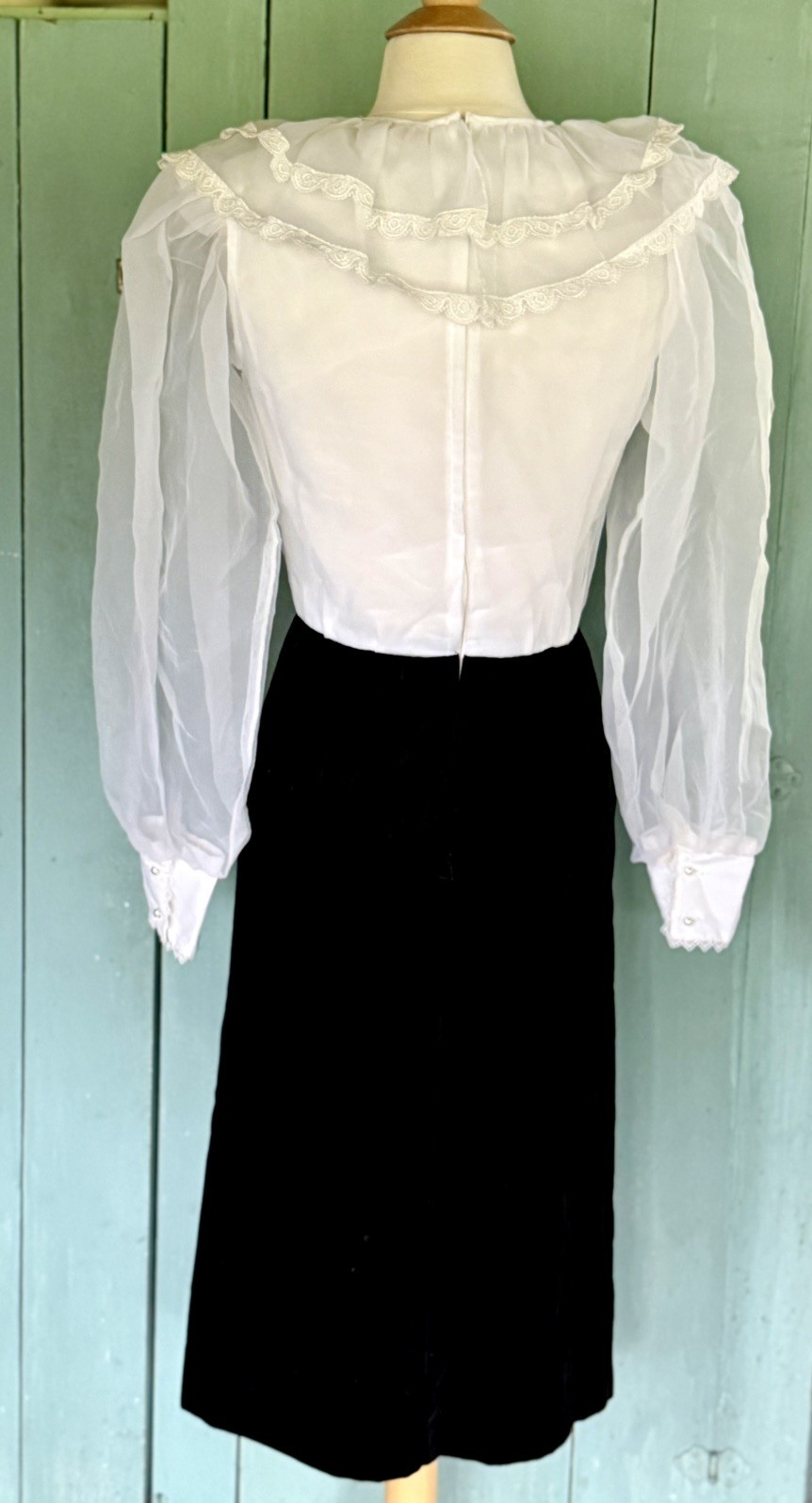 VTG Black Velvet White Organza Dress Straight Skirt Puff Slv Sailor Ruffle 7-8
