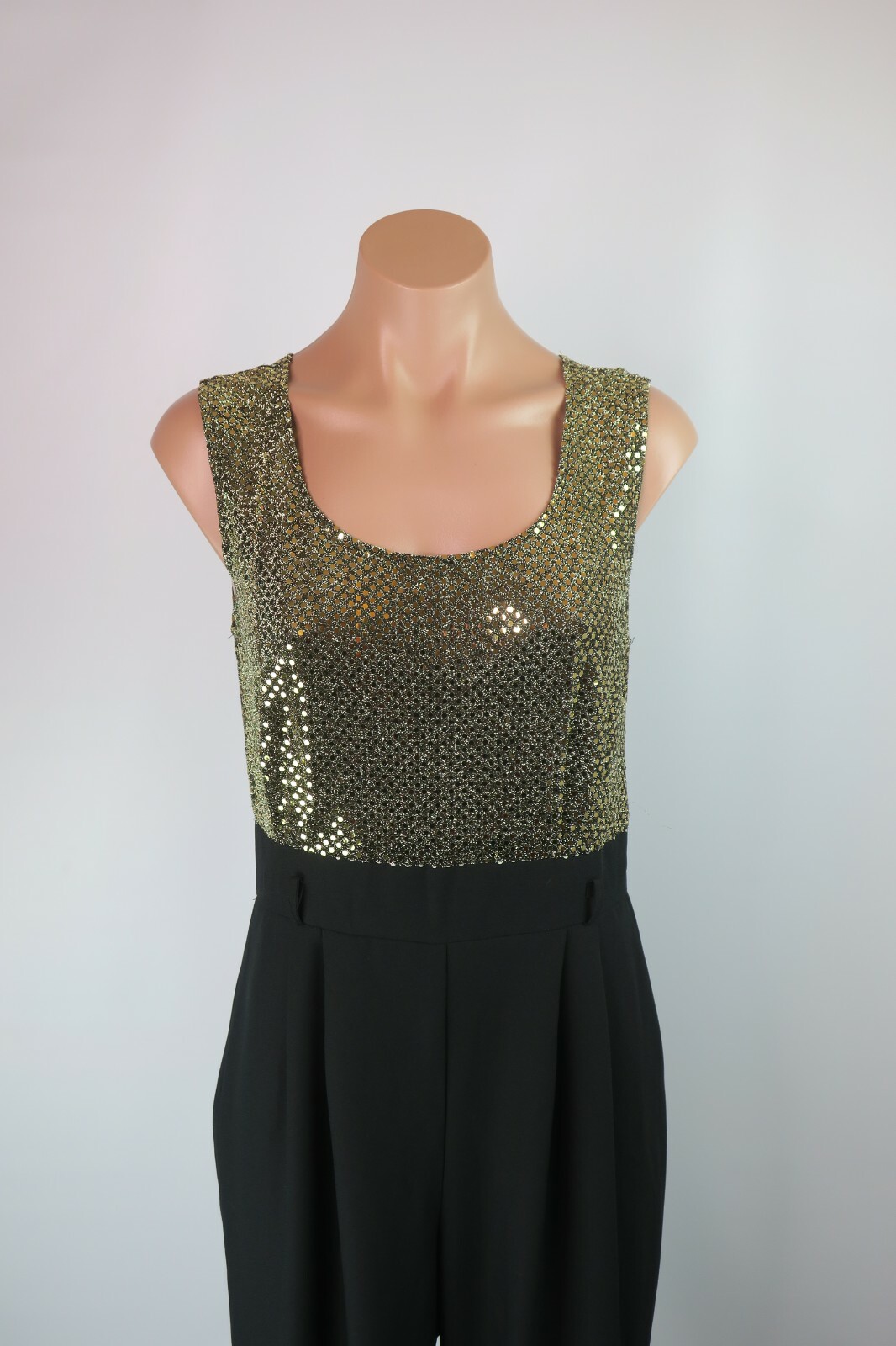 VTG 70s 80s Retro John Roberts Jumpsuit Disco Sequin Gold Black Romper sz 8P