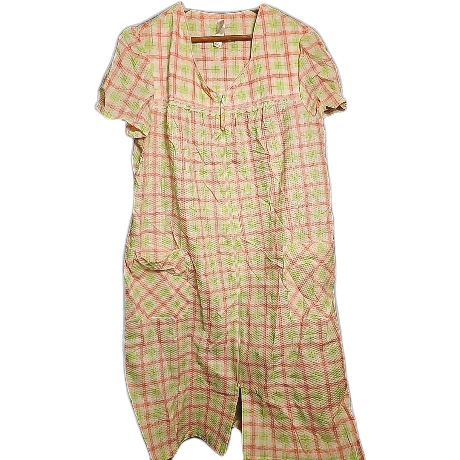 Vintage Short Sleeve Pink & Green Plaid House Coat Nightgown Size M Simply Basic