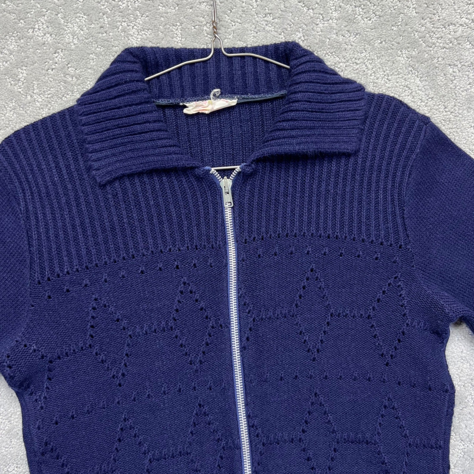 VINTAGE Young Canada Sweater Womens XS/S?? Navy Blue Diamond Knit Zip Up Acrylic