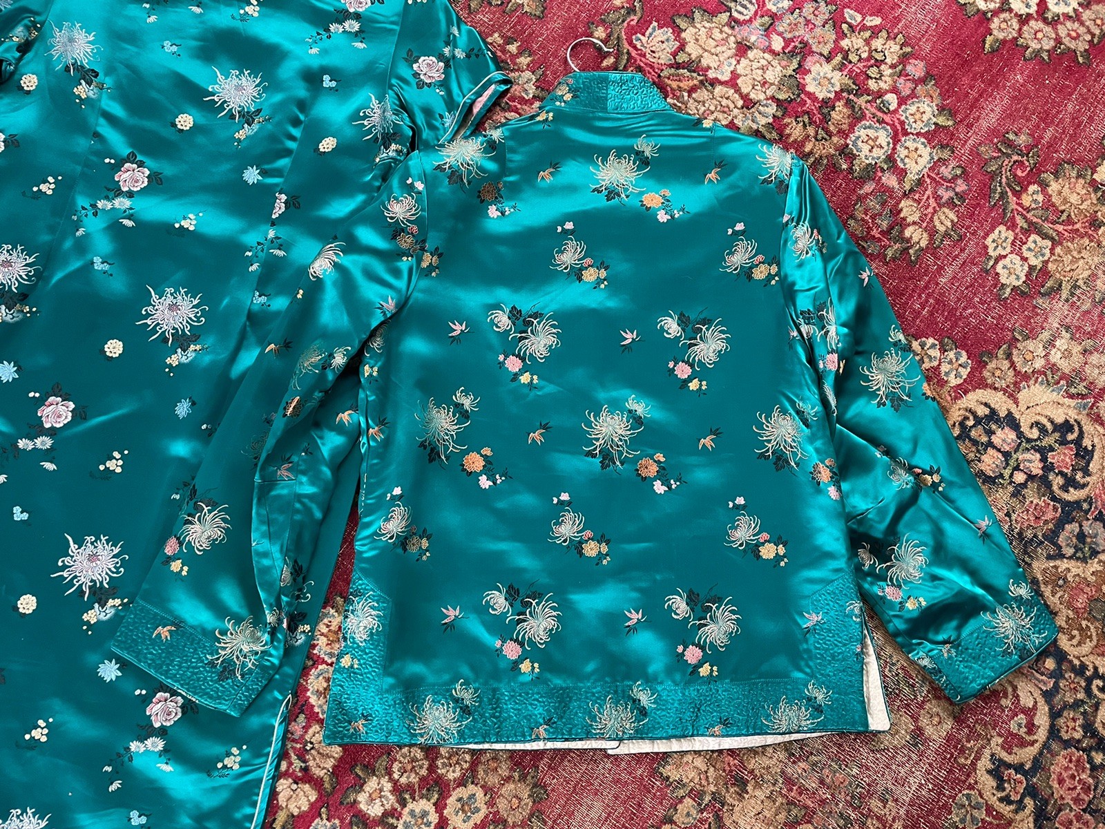 Vintage 50s Solz Squirrel Turquoise Satin Brocade Cheongsam Dress Jacket Set M/L