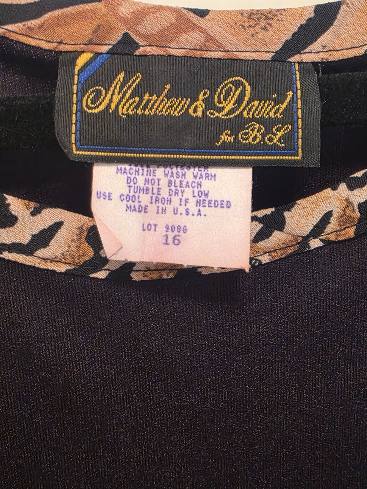 Vintage 90s Matthew & David Maxi Dress Size 16 Black Leopard Chain Back USA Made