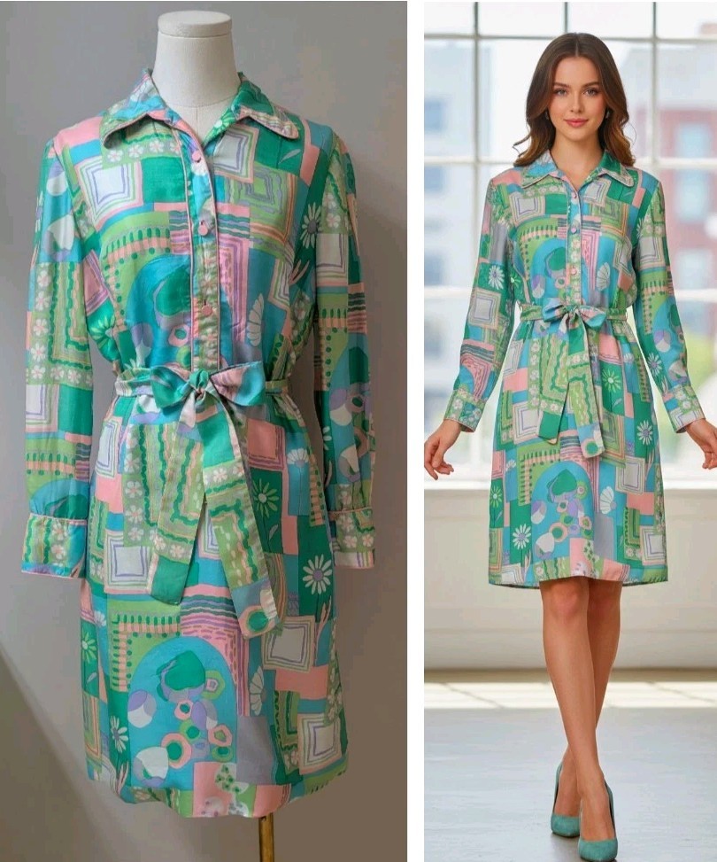 Vintage 70’s Silk MOD Psychedelic Shirt Dress Colony Classics Hong Kong Belt M