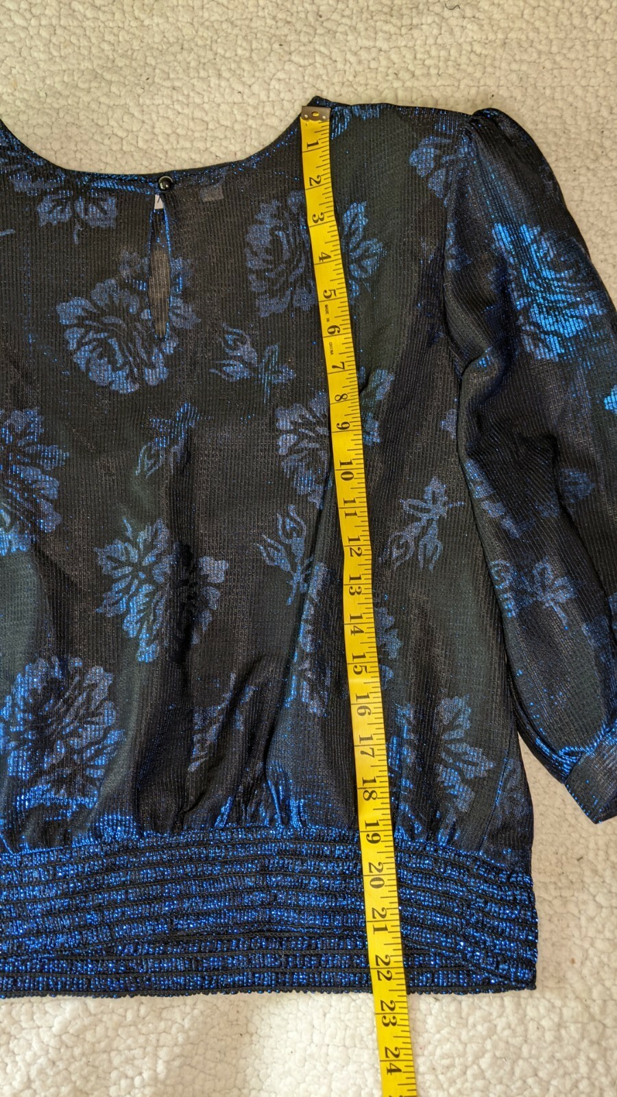 VINTAGE FREJANI Shiny SPECIAL OCCASION Blouse SHEER Blue Sz Large 1/2 Sleeve