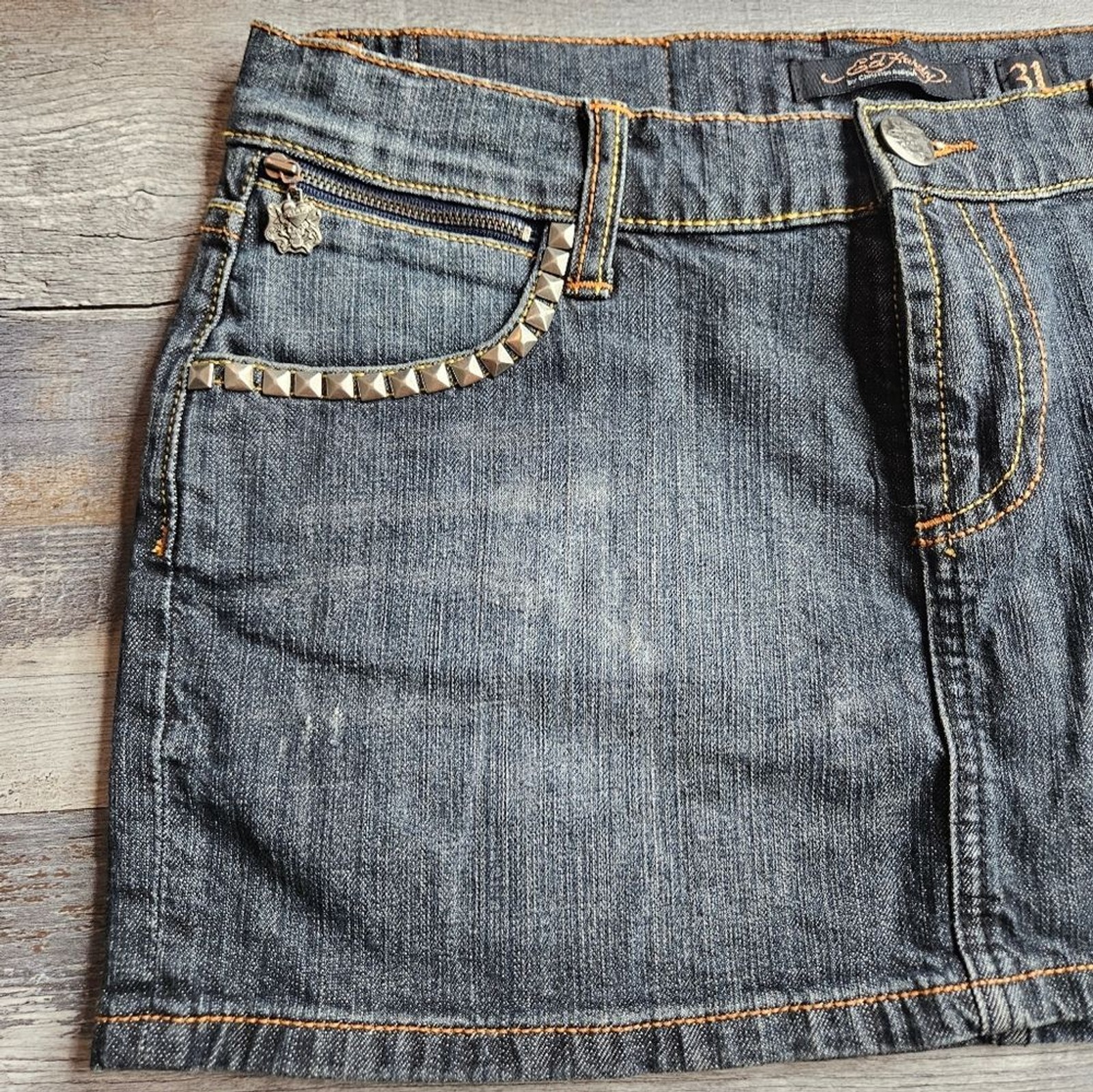 Ed Hardy Y2K 90s Mini Denim Jean Skirt Size 31 Skull Embellish