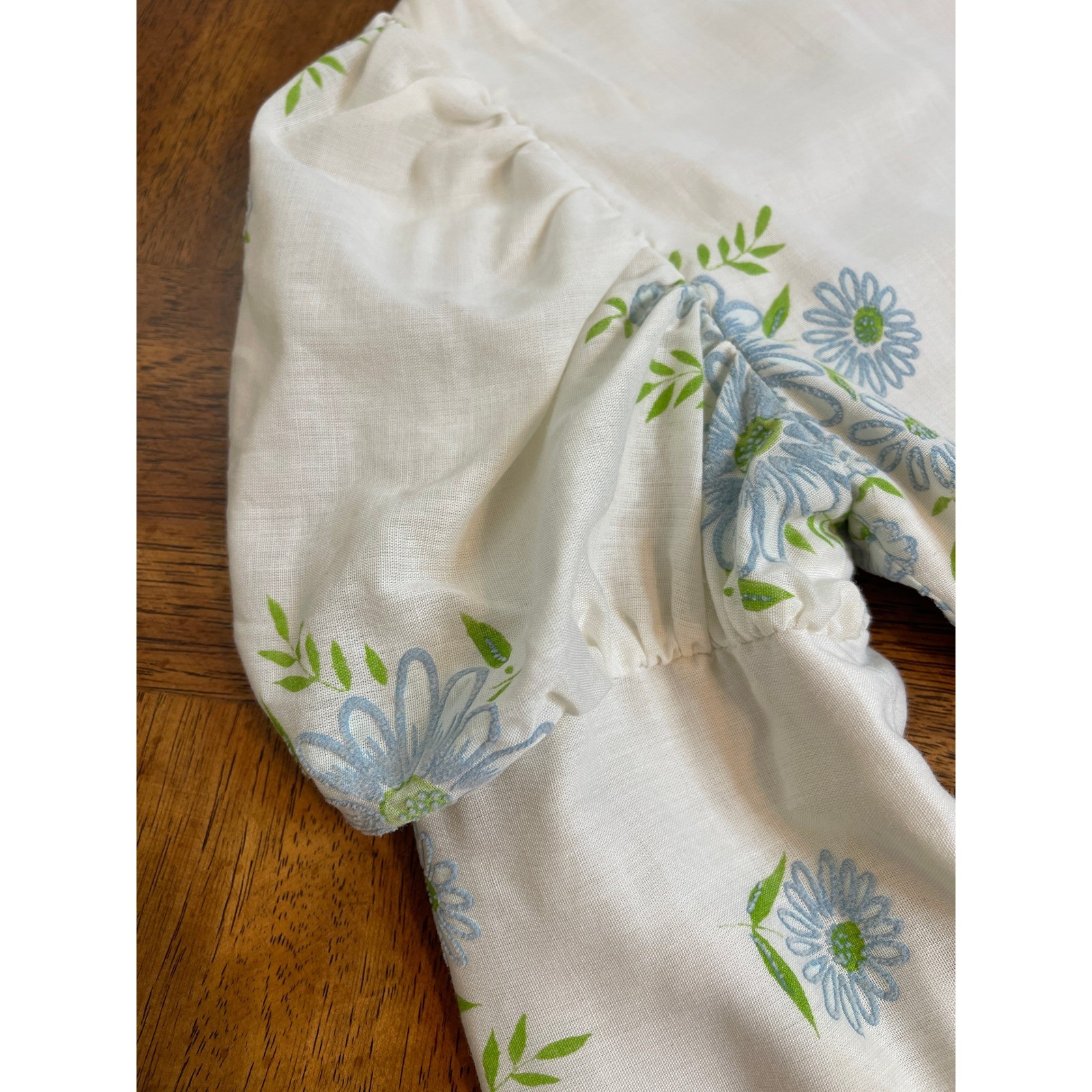 Vintage Prairie Dress White Blue Floral Puff Sleeve Lace Trim Maxi XS
