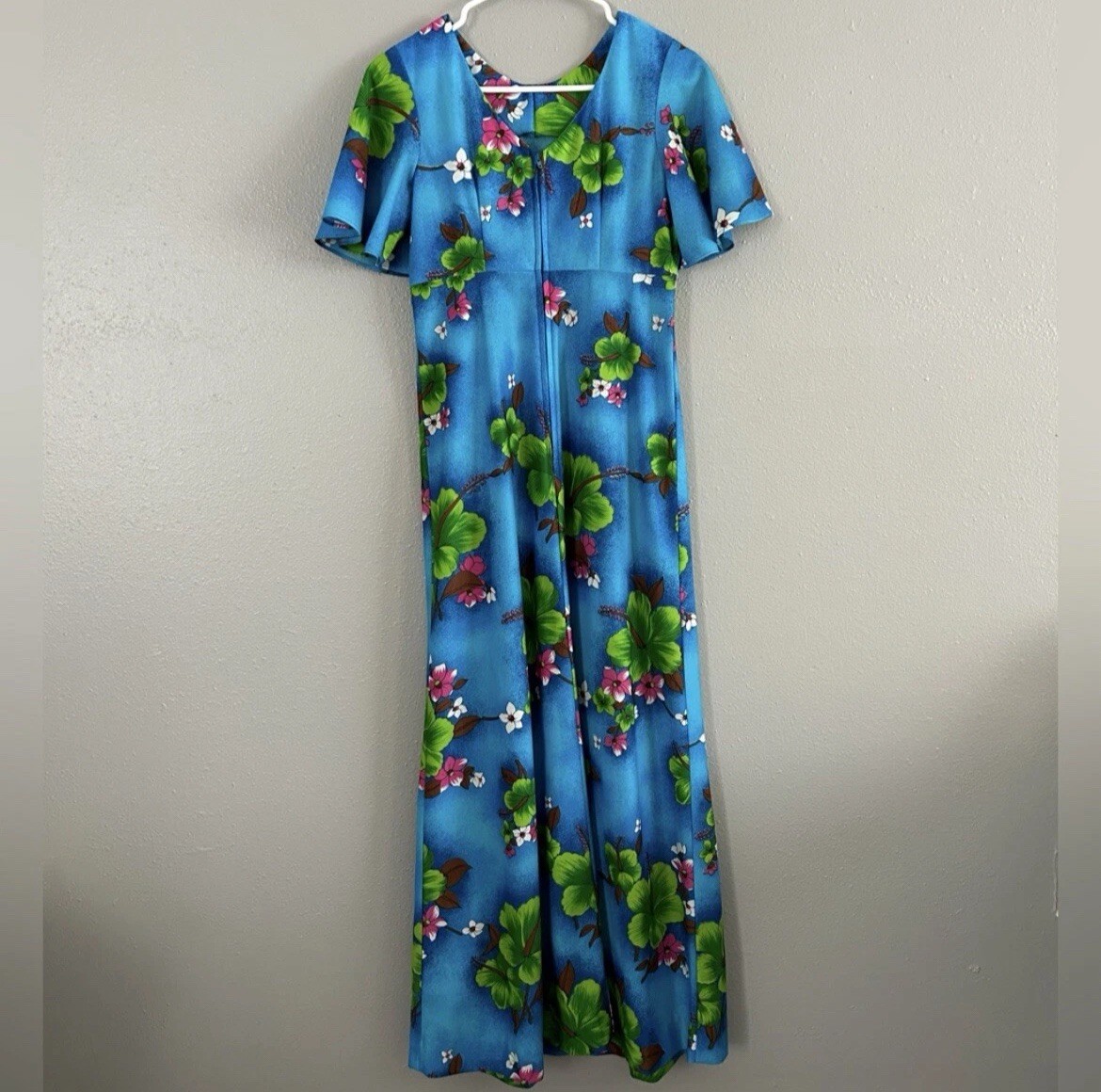 Vintage Hukilau Fashions Blue Green Floral Long Maxi Dress Sz 10 Hawaiian 1970s